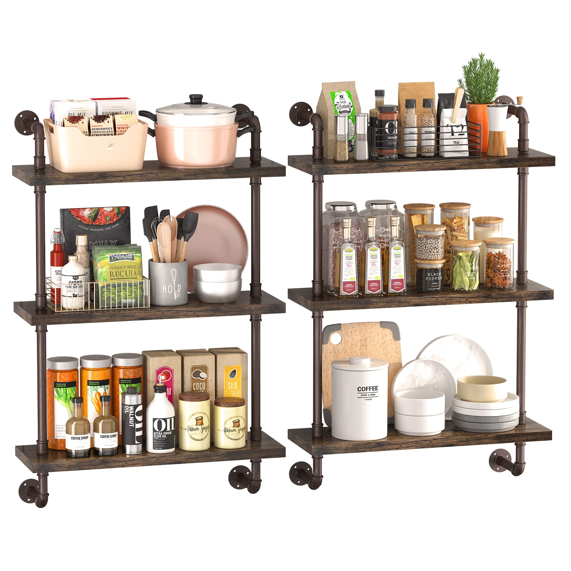 PUSDON 24 Inch Industrial Pipe Shelving - 3 Tier Wall Mounted Floating Shelves, Bronze Metal & Wood Bathroom Storage Shelf for Books, Decor (2 Sets, Dark Coffee) - Perfect for Bathroom, Living Room, Bedroom Organization