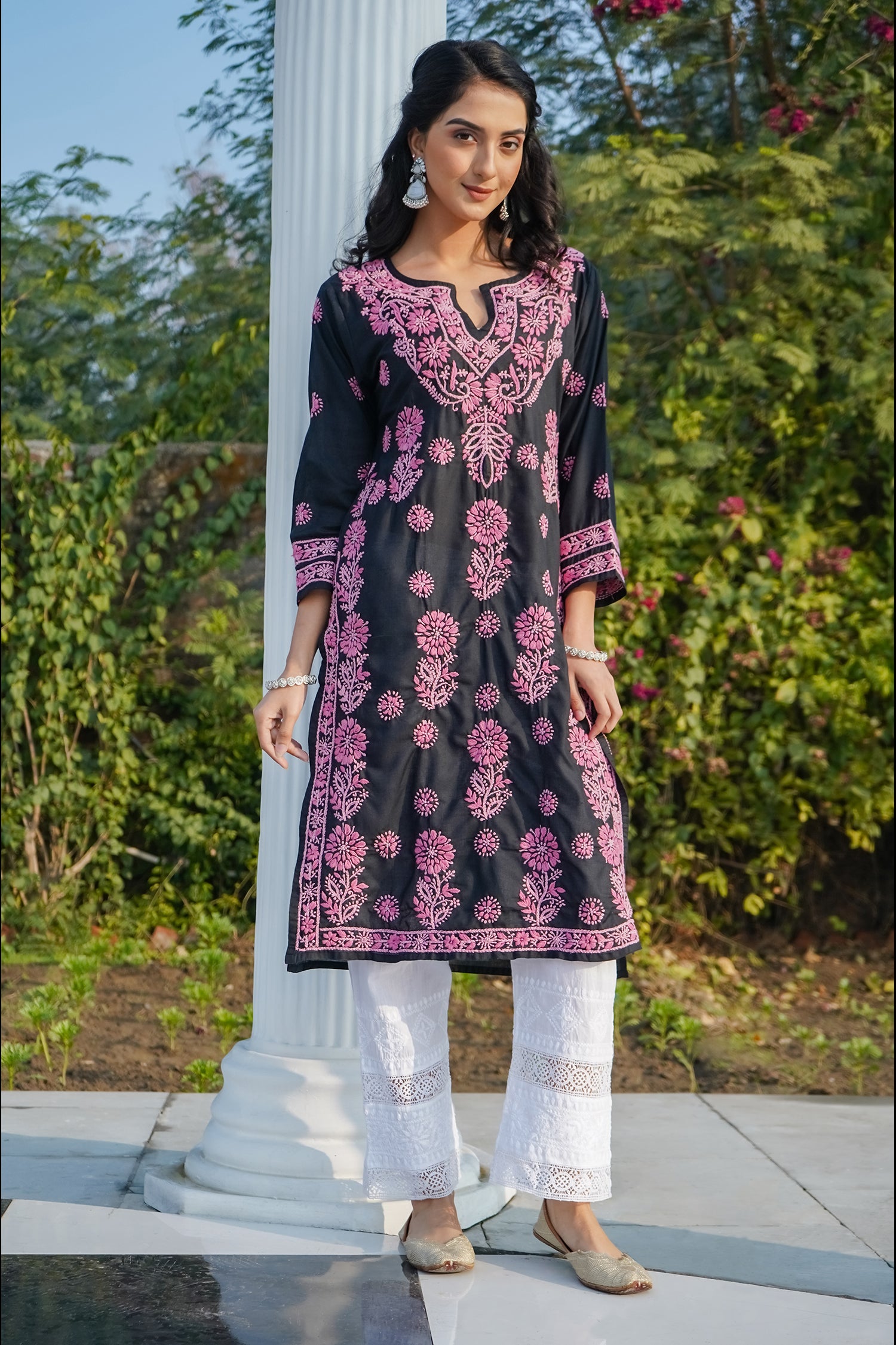 Elegant Black Rayon Chikankari Long Kurta for Women - Traditional Indian Embroidered Tunic - Perfect for Festivals, Weddings & Casual Wear