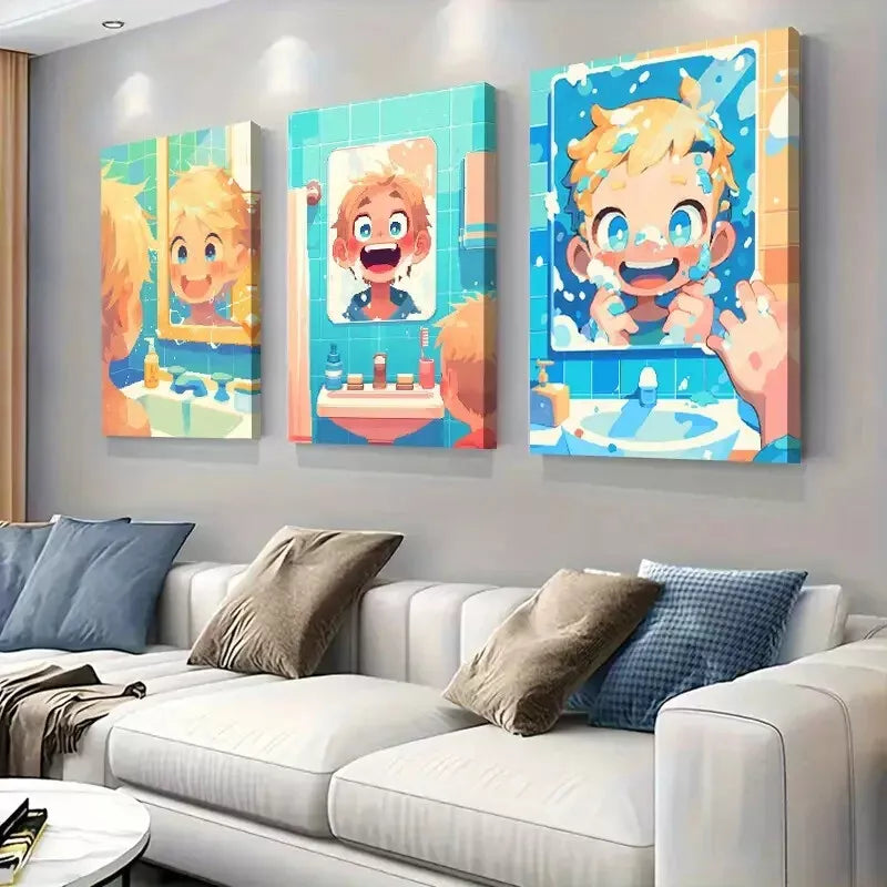 3-Piece Cute Boy Washing Face Comic Style Wall Art Set - Framed Canvas 40x60cm - High Quality Print - 100% Australian Made - Ready to Hang - Perfect for Kids' Room, Bathroom Decor & Playroom Wall Art