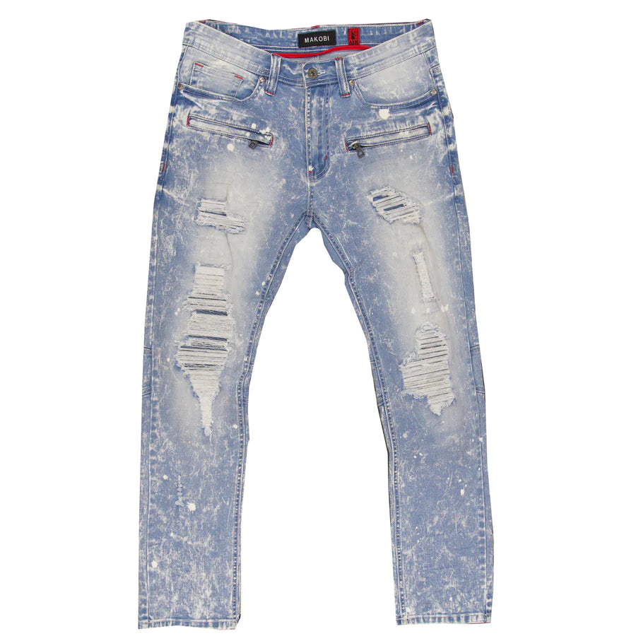 Makobi M1771 Distressed Light Wash Jeans with Bleach Spots - Trendy Ripped Denim for Casual Outfits & Streetwear Style