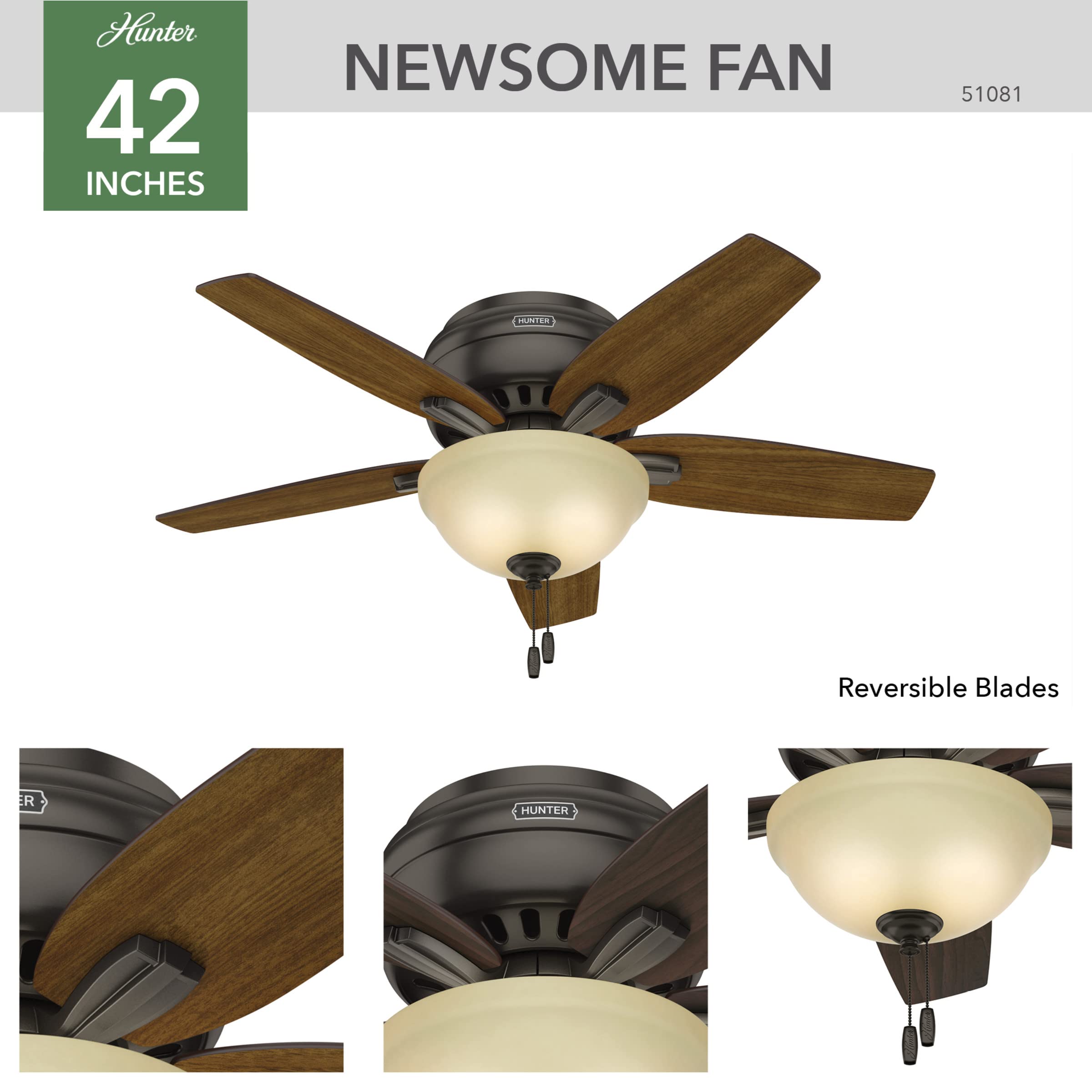Hunter Fan Company 51081 42 Inch Newsome Premier Bronze Low Profile Ceiling Fan with LED Light Kit and Pull Chain - Perfect for Bedrooms, Living Rooms, and Indoor Spaces