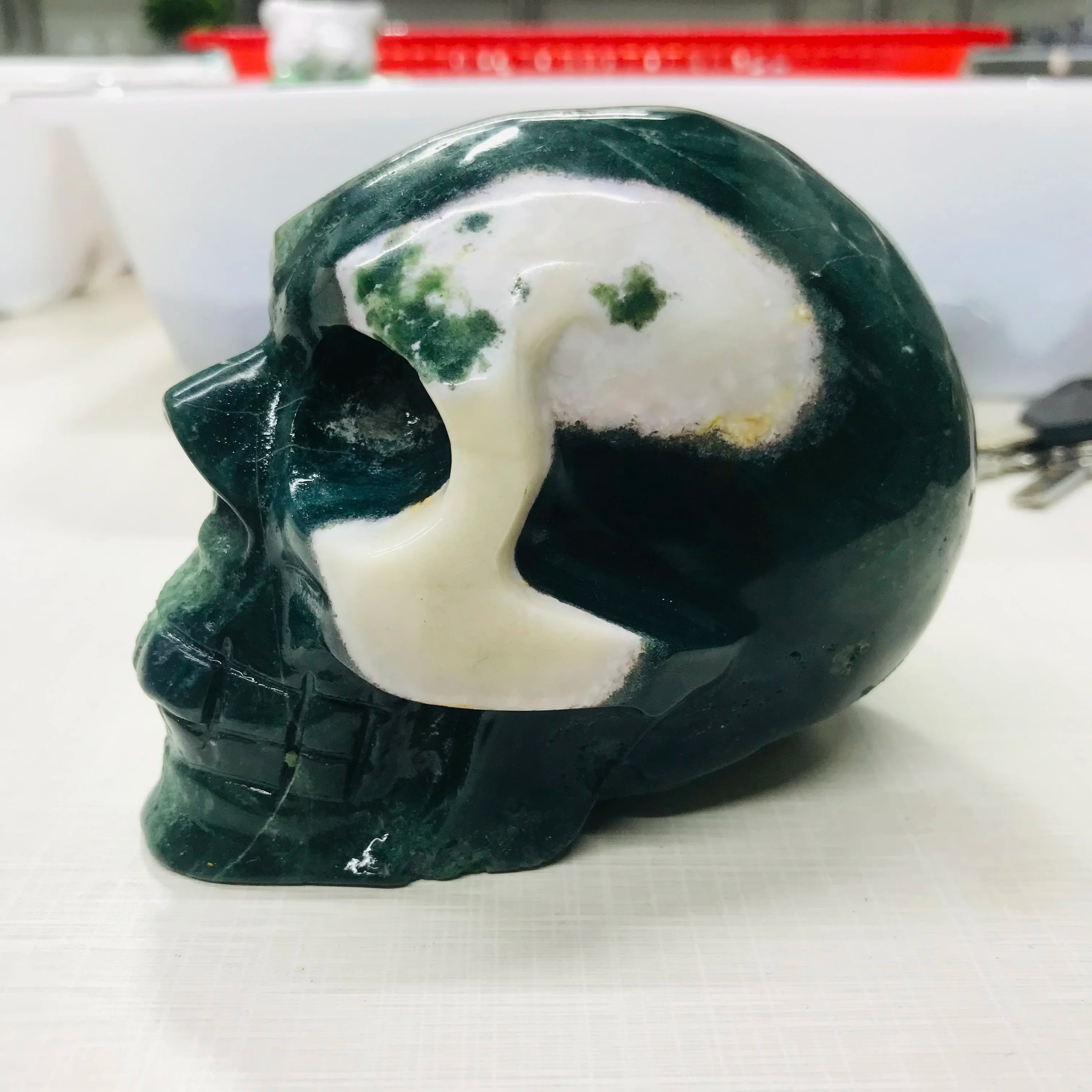 Natural Water Grass Agate Skull - Moss Agate Healing Crystal Stone for Meditation, Reiki & Energy Work - Natural Quartz Mineral Specimen for Spiritual Healing & Home Decor