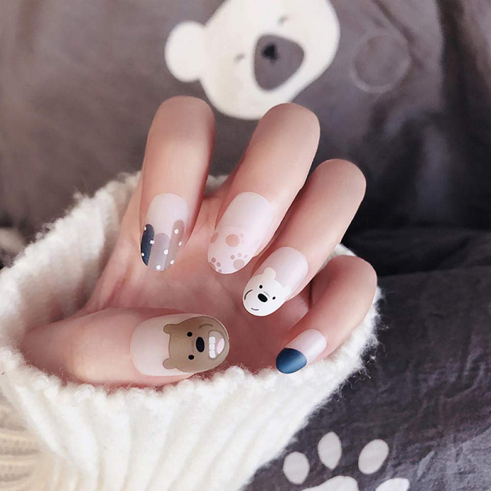 Cute Bear-Shaped Yellow Egg False Nails - Medium Length Round Press-On Nails for Girls - Full Coverage Artificial Nails for Parties, Weddings & Daily Wear