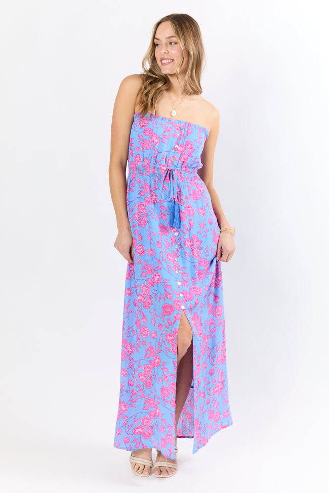 Floral Print Strapless Maxi Dress - Blue & Pink Summer Beach Dress for Women | Perfect for Vacations, Weddings & Outdoor Parties