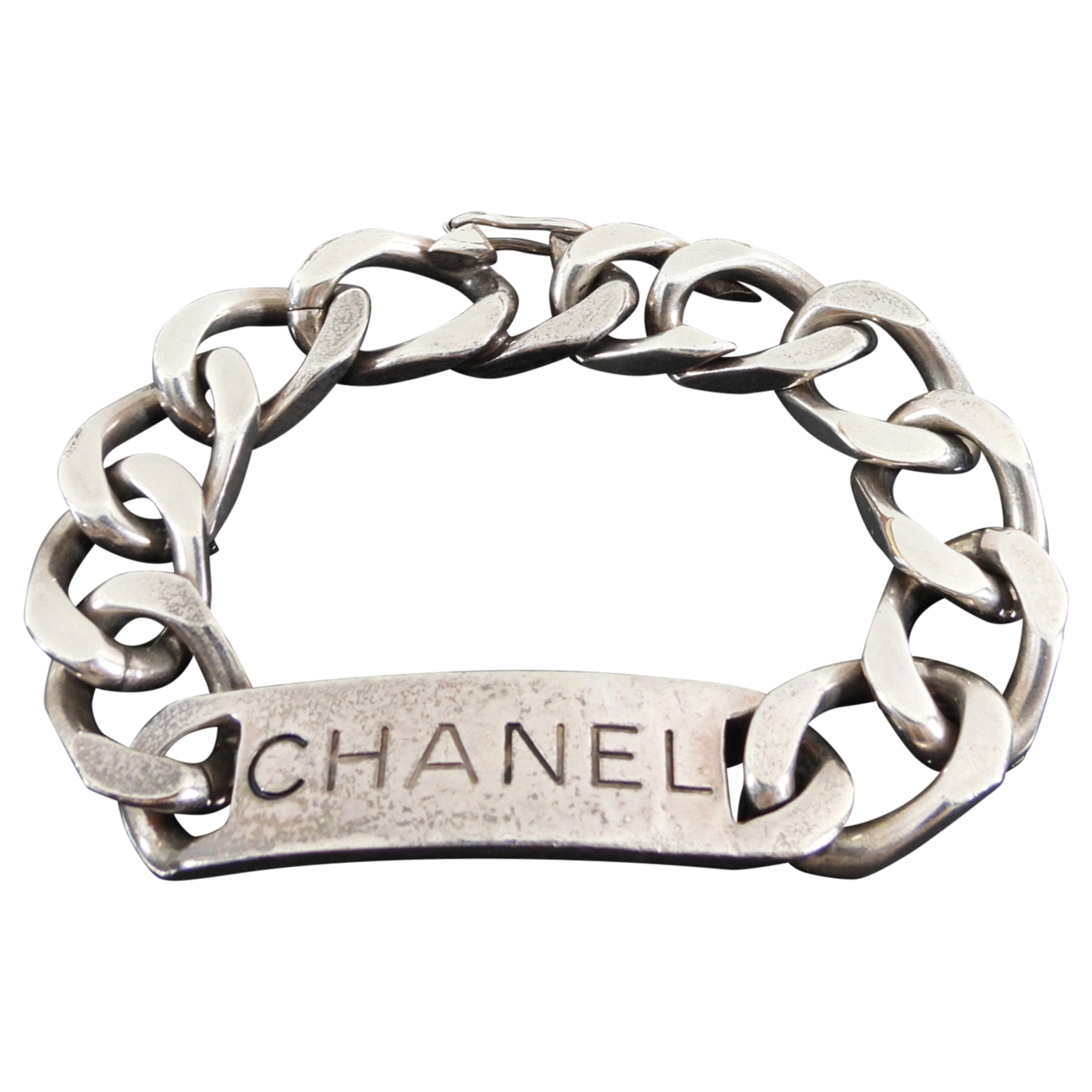 Vintage Chanel 96P Antiqued Silver Logo ID Bracelet - Authentic Luxury Jewelry for Women | Perfect for Parties, Weddings & Everyday Elegance