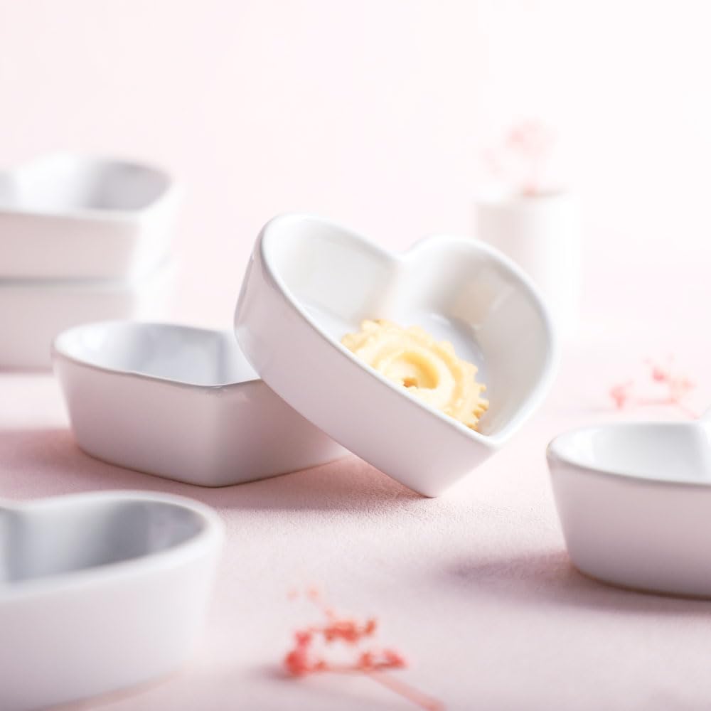 FUYU Colorful Heart Shaped Ceramic Ramekin Bowls - 4oz Mini Souffle Dishes, Pudding Cups & Snack Bowls for Desserts, Dips, Candles & Party Serving - Oven & Microwave Safe Kitchenware