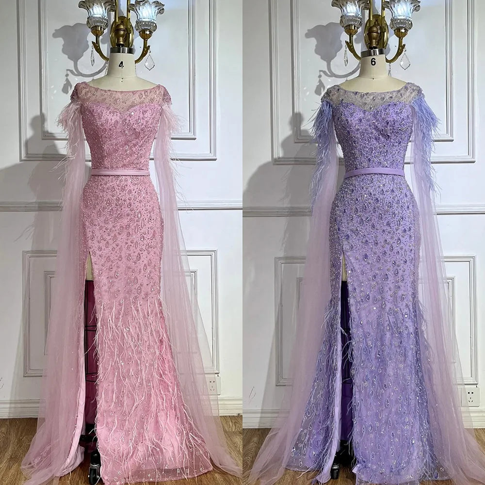 Serene Hill Pink Cape Sleeves Dubai Evening Gown - Mermaid Beaded Feather Dress for Women's Party & Special Occasions | Elegant Formal Wear for Weddings, Galas & Red Carpet Events