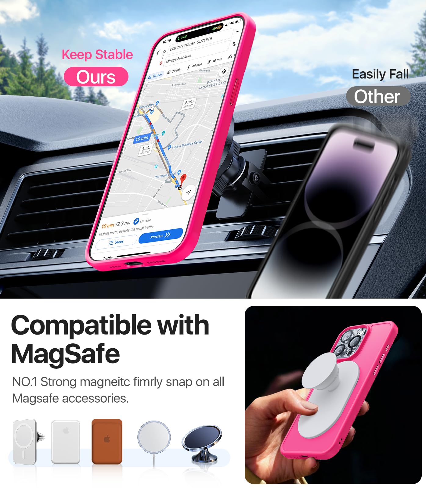 4 in 1 Magnetic Case for iPhone 15 Pro Max - Magsafe Compatible with 9H Tempered Glass Screen Protector & Camera Lens Cover | Shockproof Matte Finish in Hot Pink | Perfect for Work, Travel & Everyday Protection