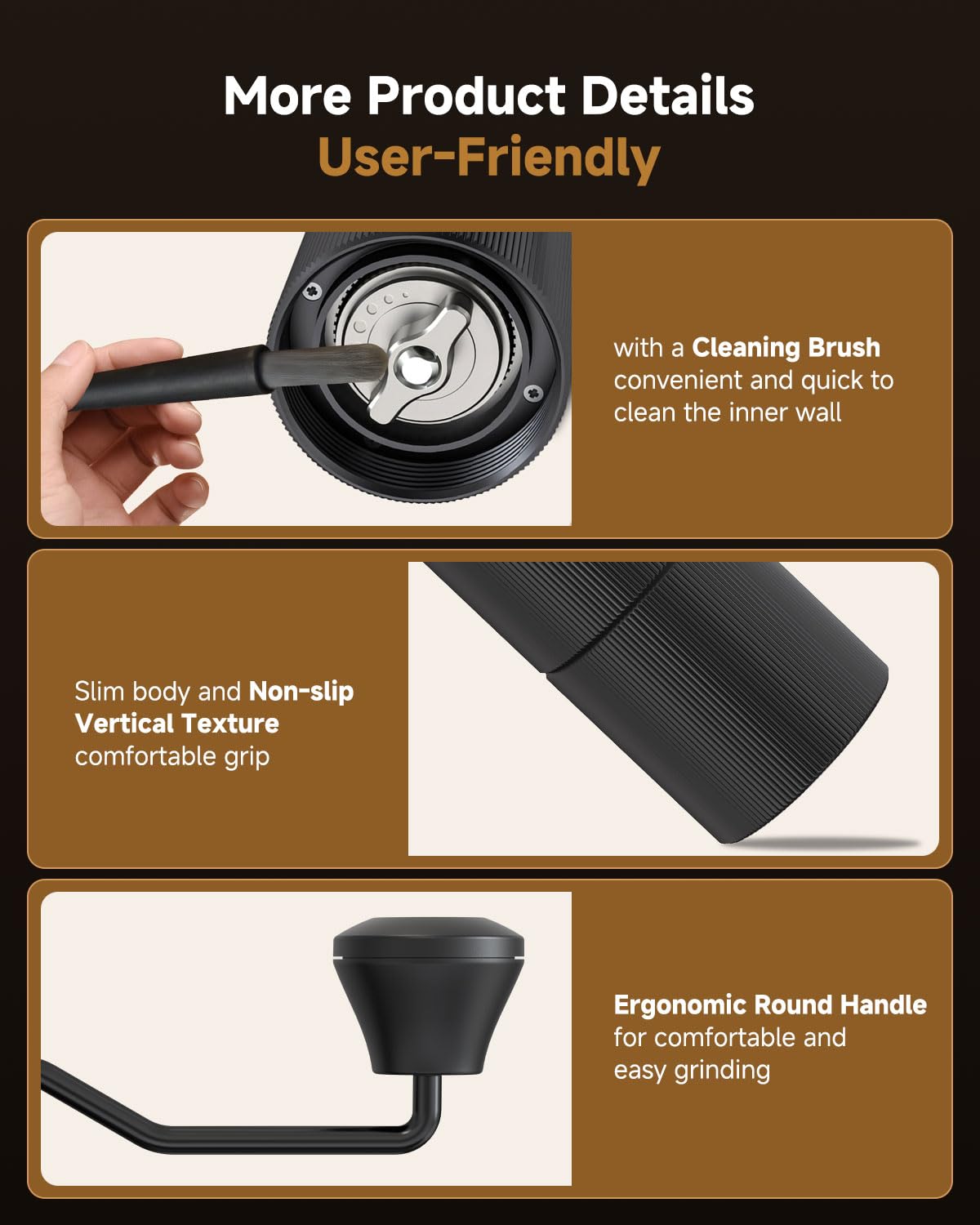 Premium Manual Coffee Grinder - CNC 420 Stainless Steel Conical Burr Mill with 30 Adjustable Settings - Perfect for Pour Over, French Press, Moka Pot & Espresso - Portable Hand Crank Coffee Bean Grinder for Home, Office & Travel - Black