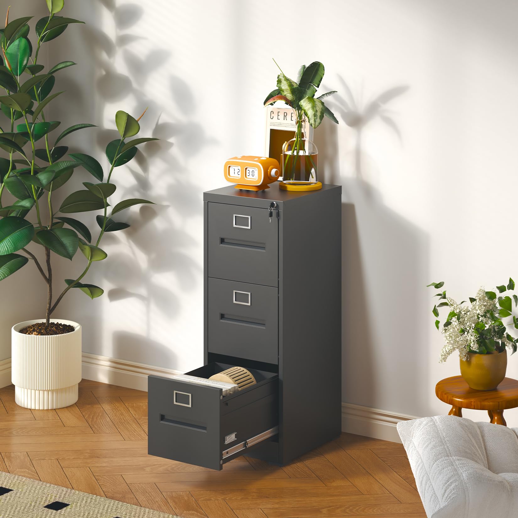 3 Drawer Black Metal File Cabinet - Locking Vertical Filing Cabinet for Legal, Letter, A4 & F4 Documents - Easy Assembly for Home Office & Workspace Organization (Black)