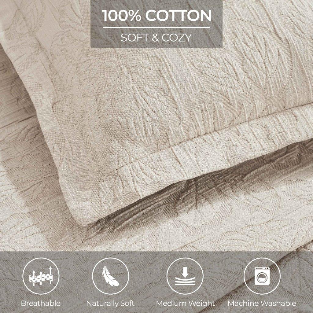 Premium Hibiscus Cotton Medium Weight Matelasse Woven Bedspread & Sham Set - Queen Size, Breathable & Soft Bedding for Master Bedroom, Guest Room & Vacation Homes
