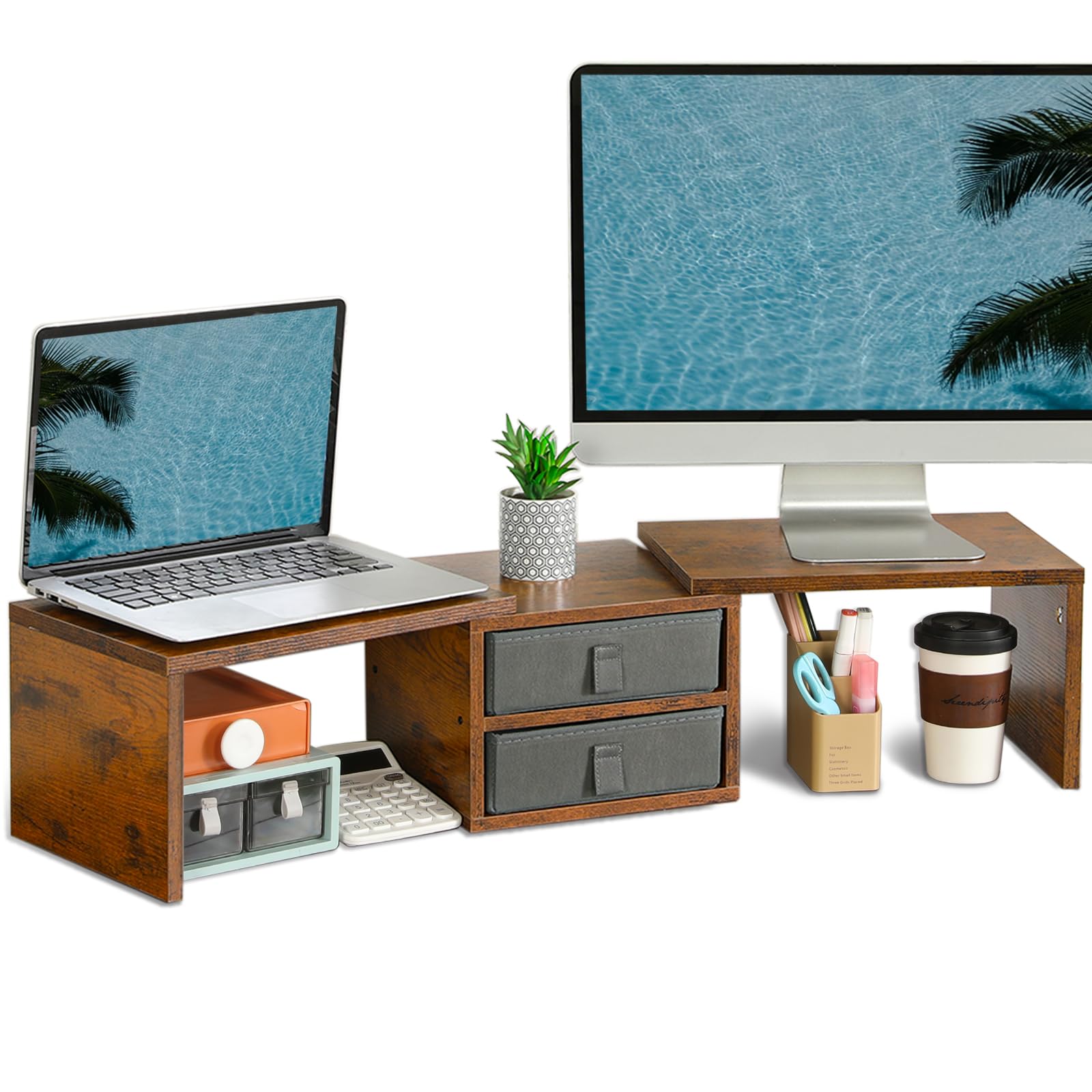 Adjustable Dual Monitor Stand with 2 Drawers & 3 Shelves - Ergonomic Computer Desk Organizer for 2 Monitors, Laptop, PC or TV - Perfect for Home Office, Gaming Setup & Workspace Organization