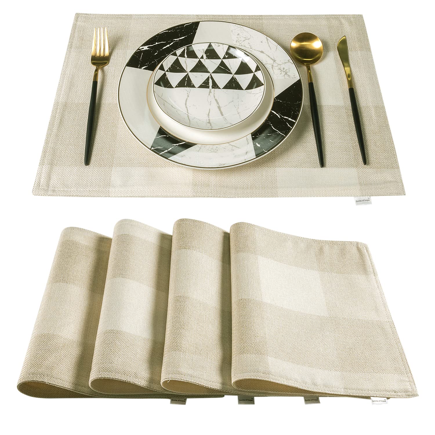 Smile of Hope Beige and White Buffalo Plaid Placemats Set of 4 - Waterproof Heat Resistant Table Mats 13x19 Inches for Kitchen Dining Table Decor, Farmhouse Style Cloth Placemats - Perfect for Holiday Dinners, Family Gatherings & Everyday Use