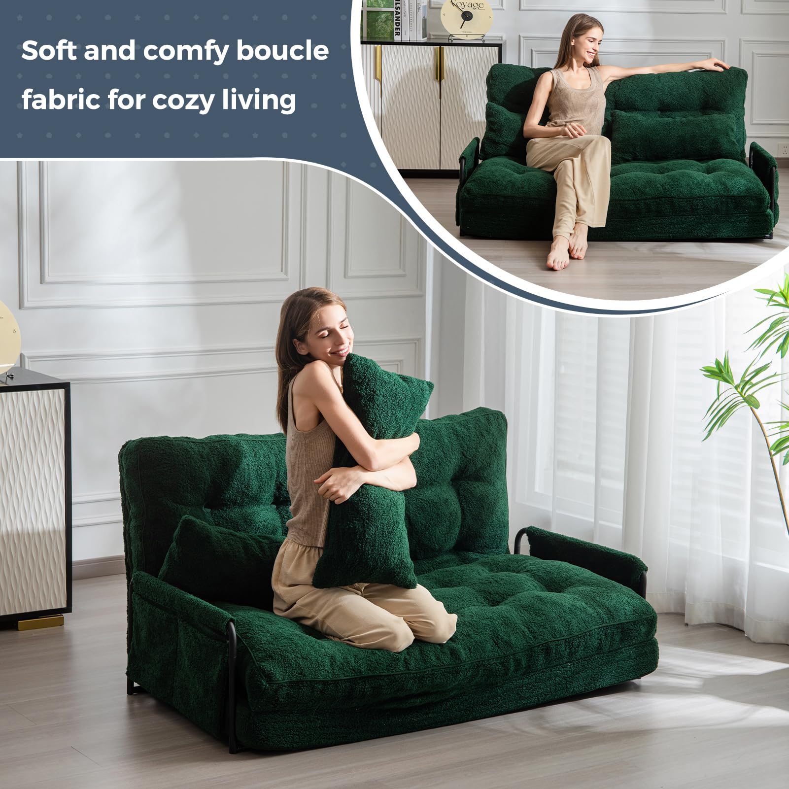 MAXYOYO Adjustable Floor Sofa Couch with 2 Pillows - Boucle Convertible Lazy Sofa Sleeper Bed with Armrest - Double Size Green Sectional for Living Room, Bedroom & Small Spaces
