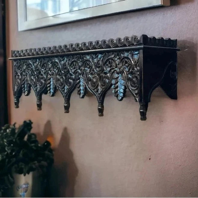Hand Carved Mango Wood Floating Shelf - Natural Wood Wall Decor for Living Room, Bedroom, Office - Rustic Black Wooden Shelf for Home Organization & Display