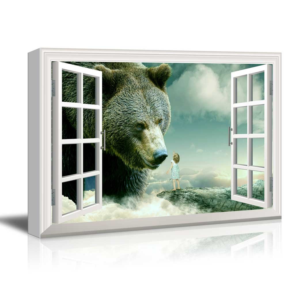 Mystical Style Giant Bear and Little Girl Window View Gallery Wall Art - 32x48 Inches - Perfect for Living Room, Bedroom, or Nursery Decor