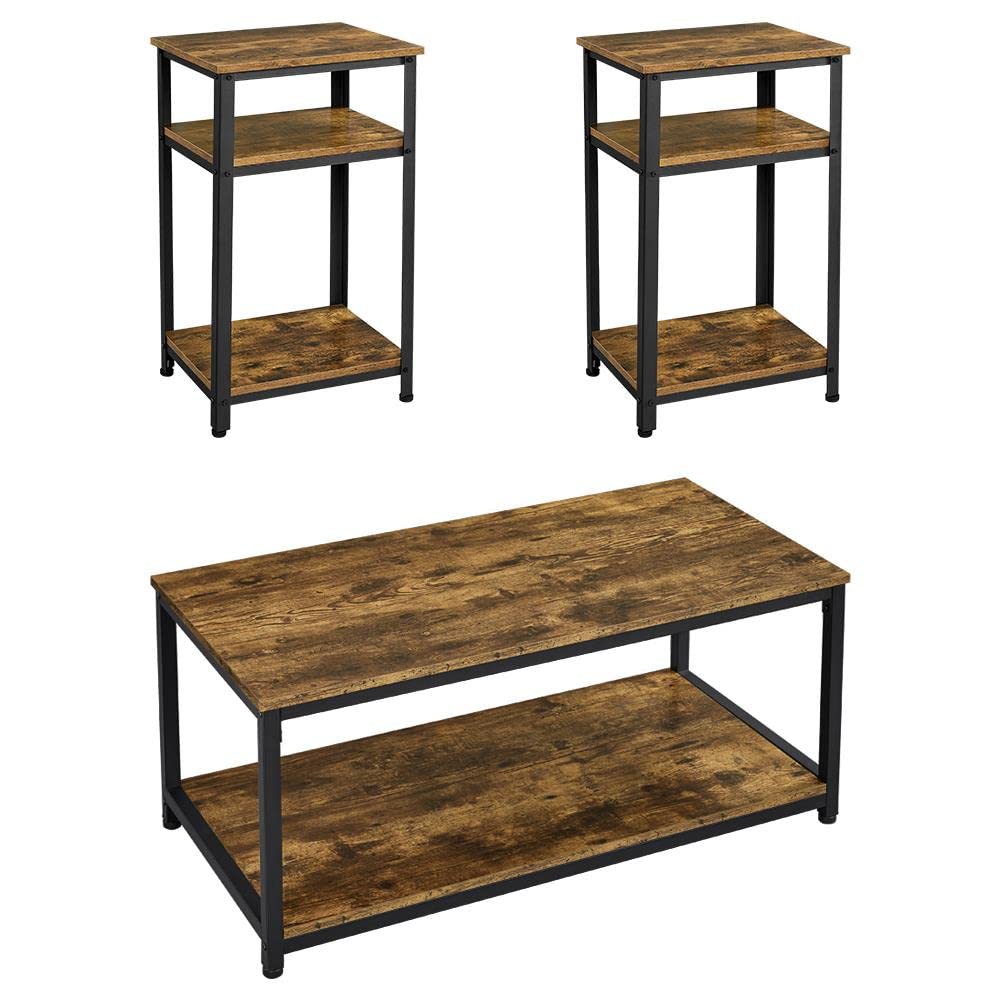 Yaheetech 3-Piece Rustic Brown Living Room Table Set with Coffee Table & 2 End Tables - Modern 2-Tier Design with Open Shelves for Home, Office & Small Space Decor