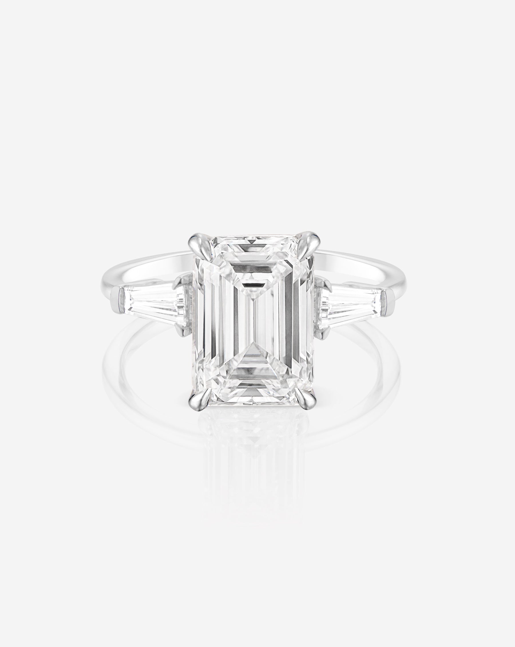 3.09 Carat Lab-Grown Emerald Whisper Thin® Three Stone Ring with Tapered Baguettes - Elegant Engagement, Anniversary Gift for Her