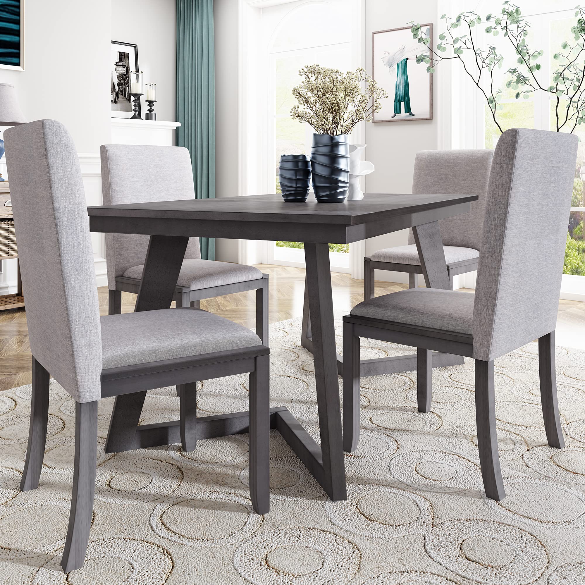 Vintage Style 5-Piece Wooden Dining Table Set with 4 Linen Upholstered Chairs - Rectangular Kitchen Table for Home, Living Room & Small Spaces (Gray) | Perfect for Family Meals, Dinner Parties & Cozy Gatherings