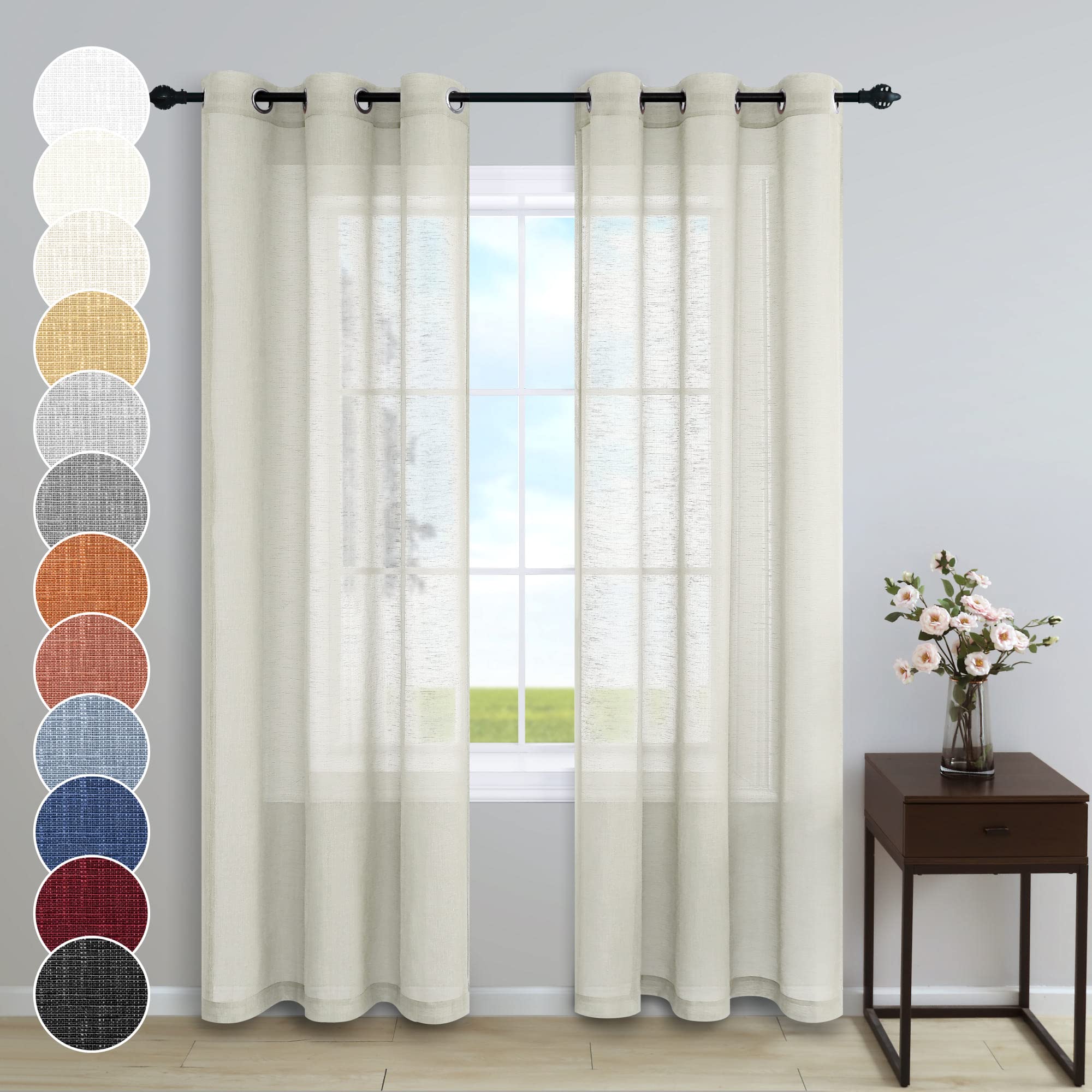 84 Inch Beige Linen Look Semi-Sheer Curtains - Lightweight Grommet Top Window Drapes for Bedroom, Living Room & Closet Door (Set of 2 Panels) - Airy Cream Sheer Curtains for Apartment Decor & Home Privacy