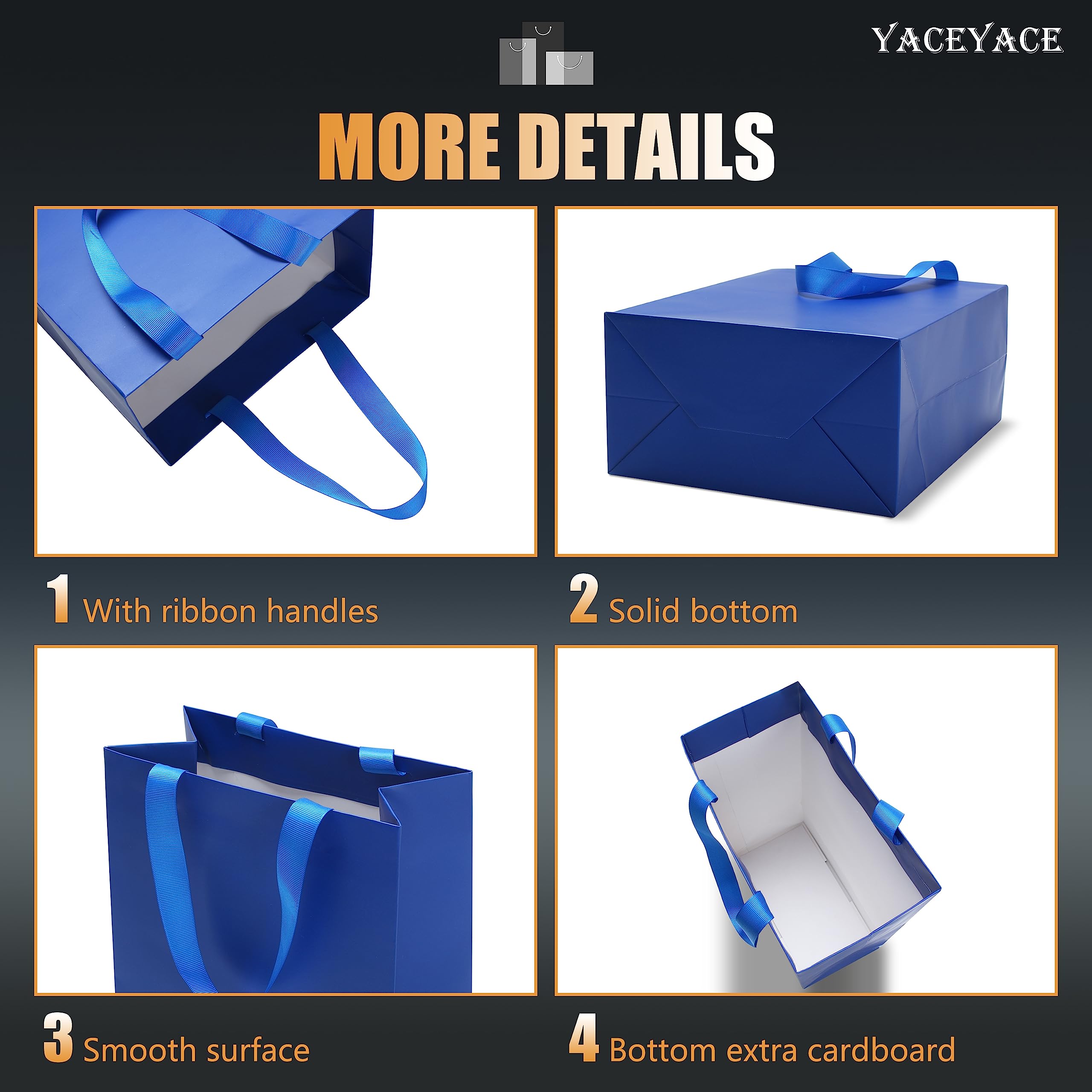 YACEYACE 20PCS Blue Gift Bags Bulk - 8x4.25x10.5 Inch Medium Paper Gift Bags with Ribbon Handles for Wedding, Birthday, Party Favors, Retail & Boutique | Elegant Gift Wrapping for Special Occasions