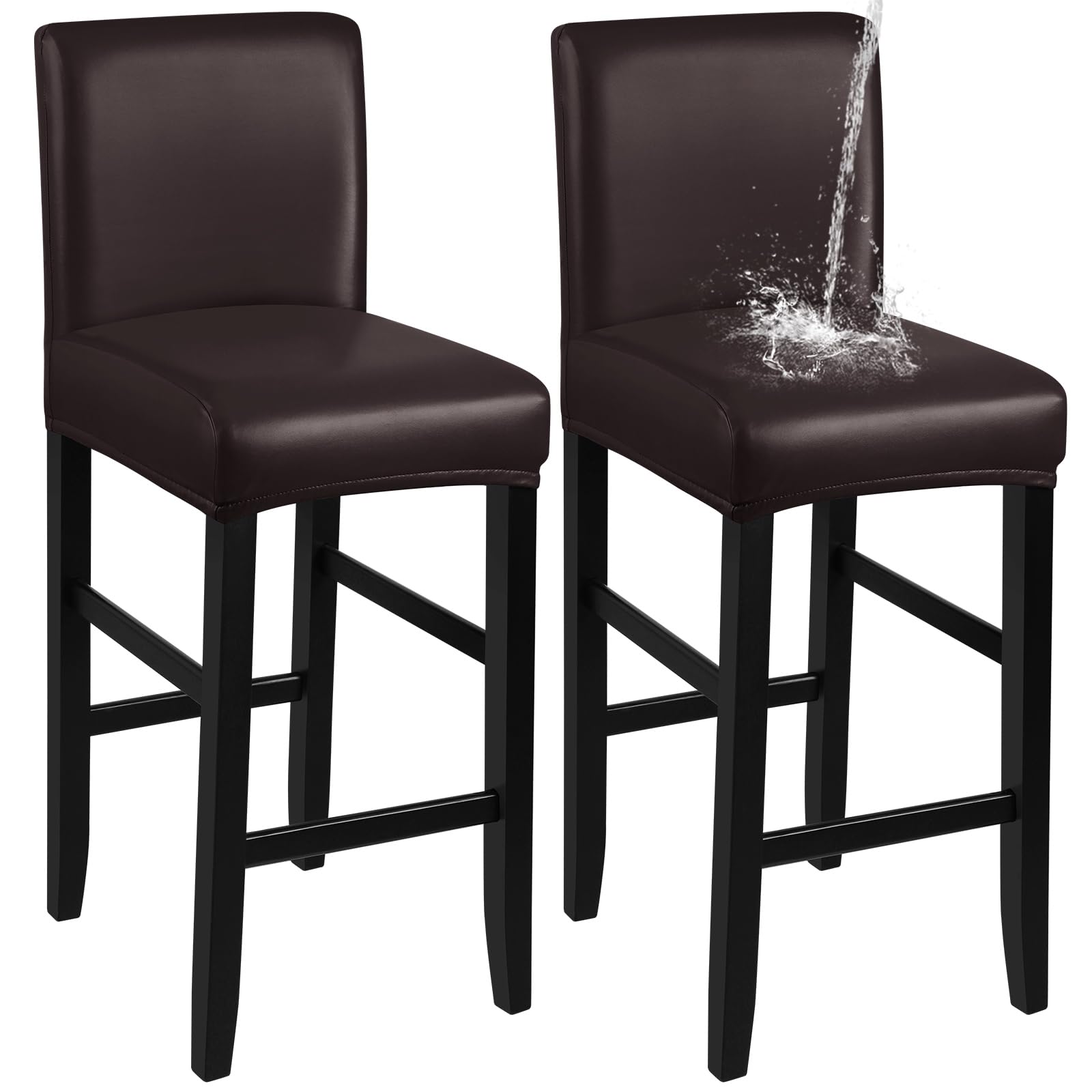 **Waterproof PU Bar Stool Covers 2 Pack - Stretchable, Washable & Removable Slipcovers with Elastic Bands for Kitchen, Dining, or Bar Counter (Coffee Brown) – Perfect for Home, Restaurant, and Cafe Use**