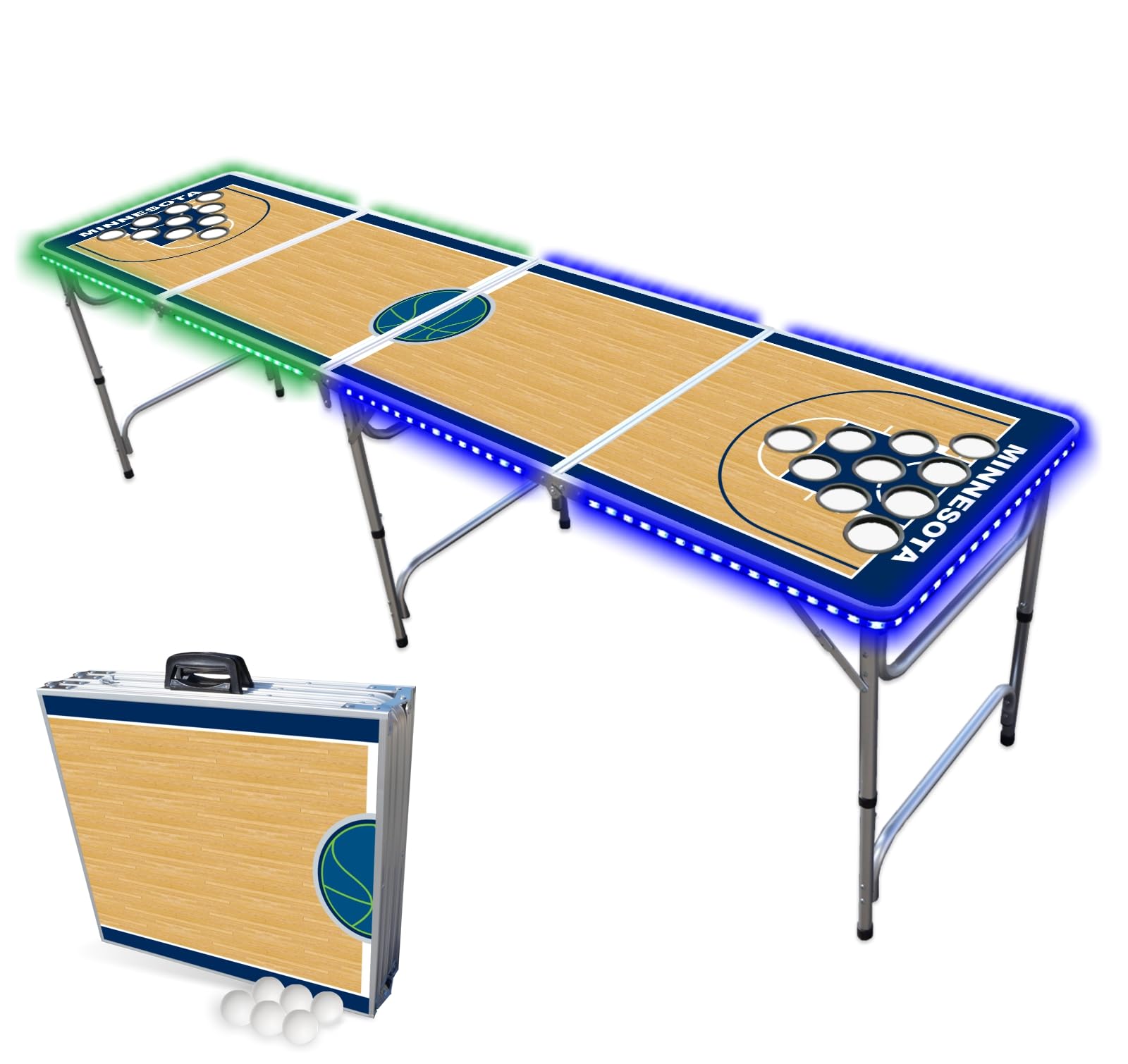 8-Foot Folding Portable Beer Pong Table with Optional Cup Holders & LED Lights - NCAA Basketball Court Design for Indoor/Outdoor Parties, Tailgates & Game Nights (Multiple Models Available)