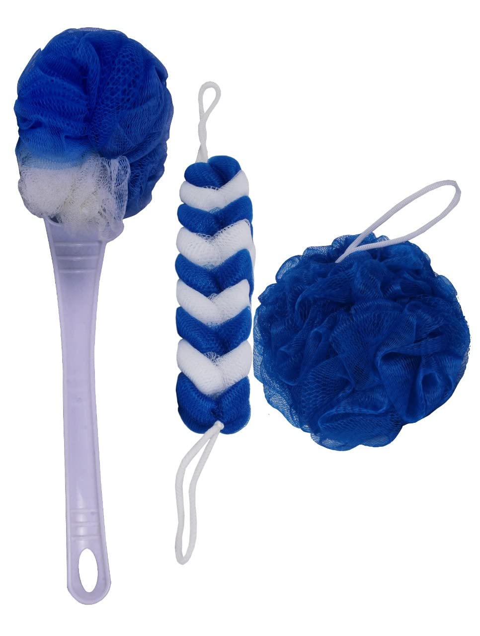 Mattina 3-Piece Bath Set - Round Loofah Sponge, Back Scrubber & Long Handle Bath Brush for Men & Women (Blue/White) | Exfoliating Body Wash Accessories for Shower & Spa Relaxation