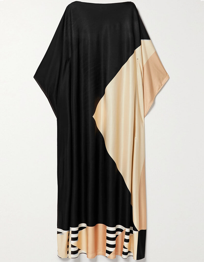 Luxury Black & Beige Satin Silk Kaftan Dress - Elegant Loungewear for Women | Perfect for Home Relaxation, Beach Cover-Up & Special Occasions