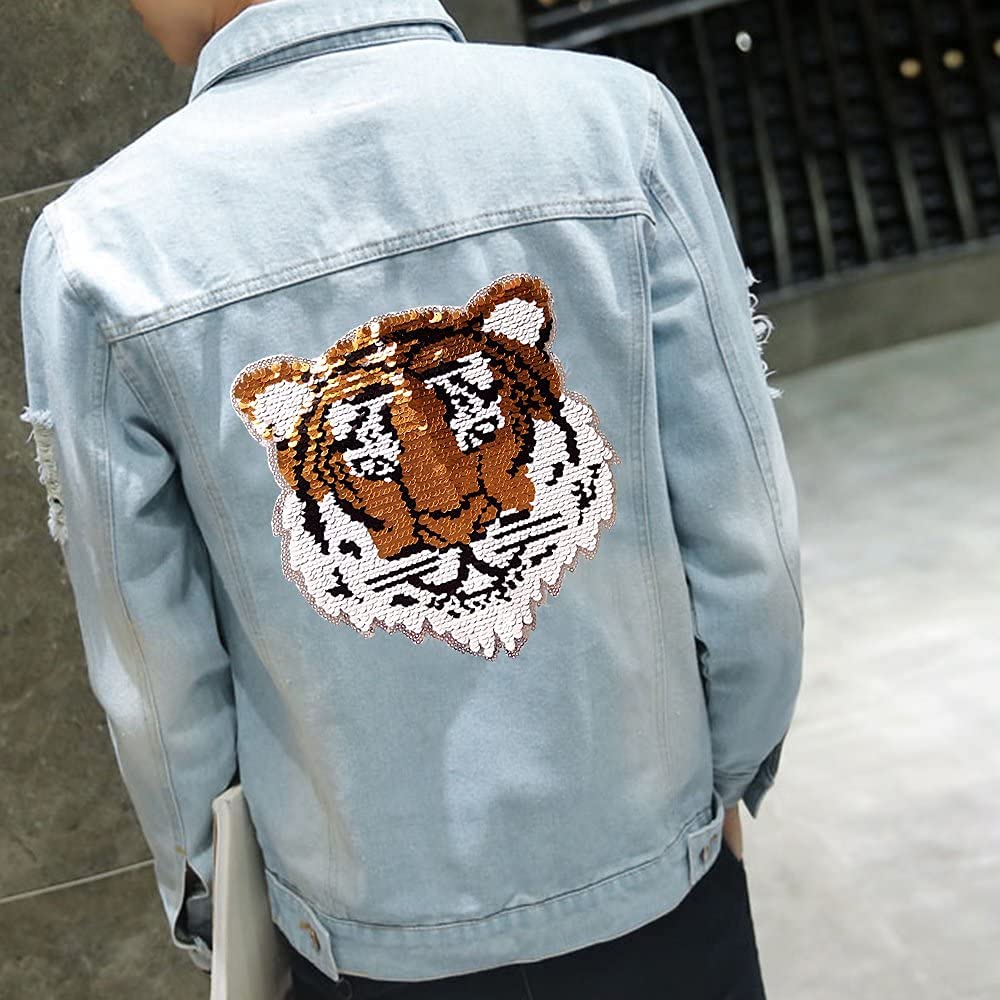 Color Changing Reversible Tiger Sequins Patch - Embroidered Beaded Applique for T-Shirts, Jeans & Jackets - Perfect for DIY Fashion, Costumes & Embellishing Denim, Hoodies & Bags