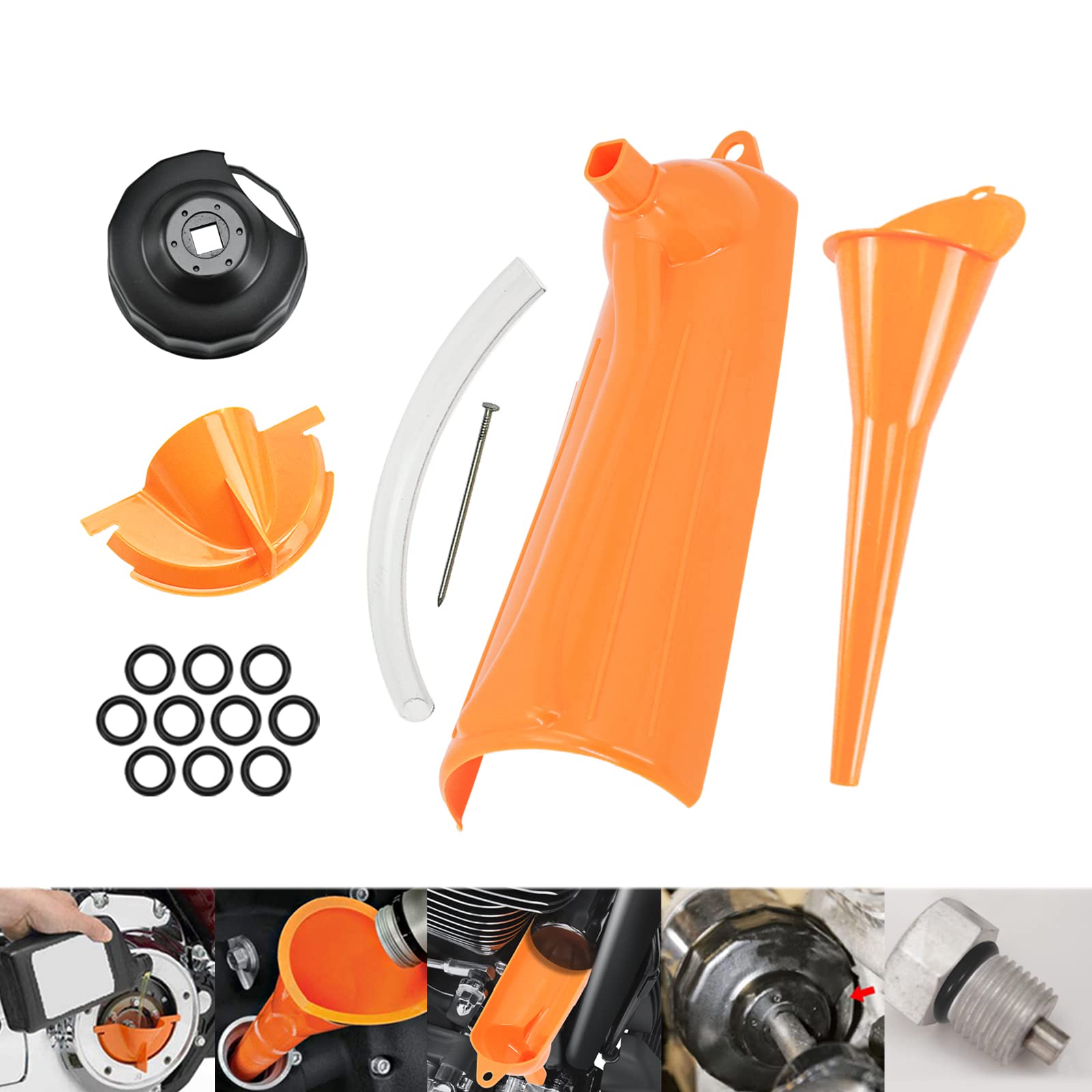 **Harley-Davidson Oil Change Kit - 5-Piece Crankcase Oil Fill Funnel, Drip-Free Oil Filter Funnel, Oil Filter Wrench & Drain Plug O-Ring Set (Orange) - Perfect for DIY Motorcycle Maintenance & Harley Oil Changes**