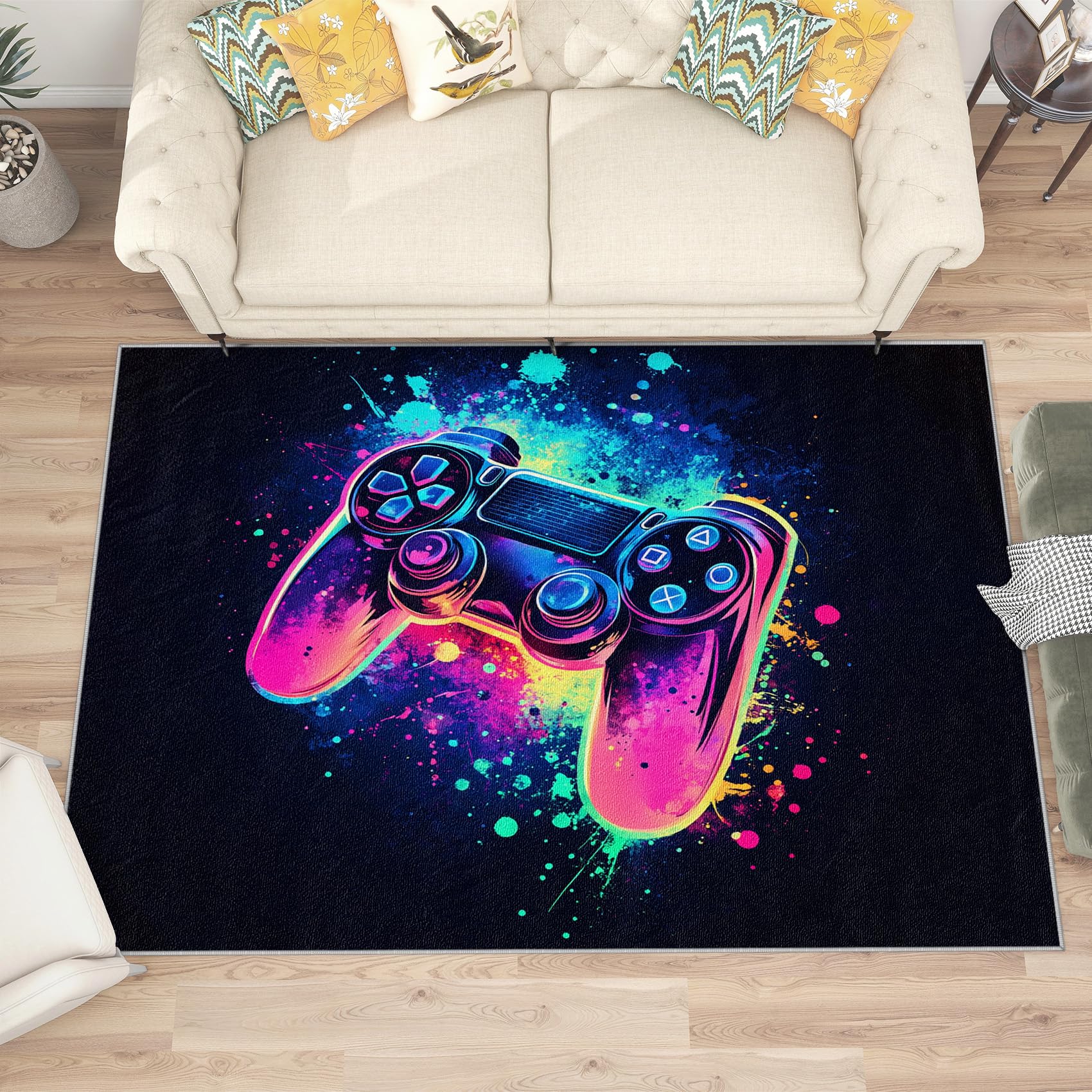 Gaming Rugs for Men & Boys - 2x3 ft Washable Non-Slip Soft Controller Design Carpet | Neon Gamepad Area Rug for Bedroom & Game Room | Cool Video Game Decor & Gift for Gamers & Kids