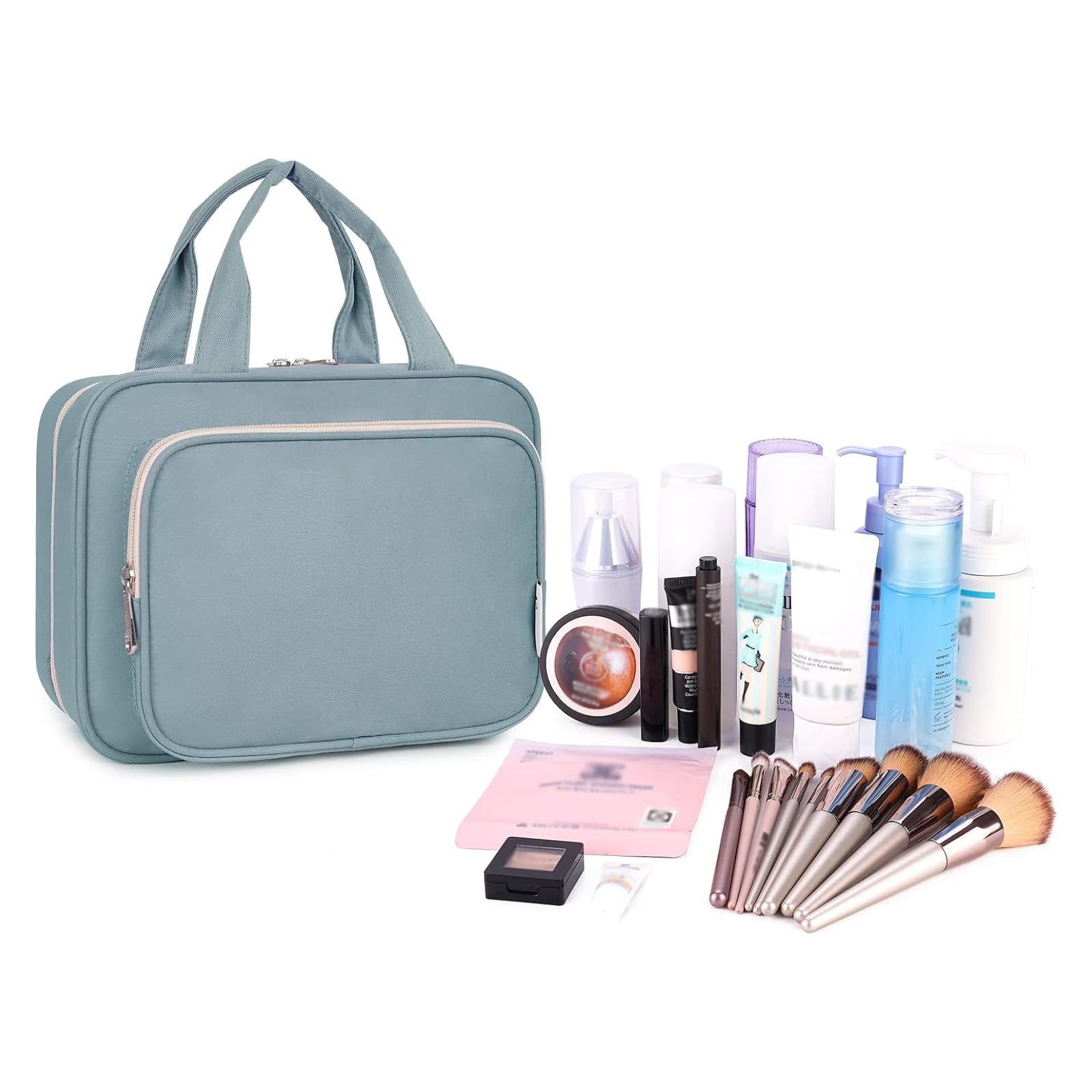 Narwey Hanging Toiletry Bag for Women - Waterproof Travel Makeup Organizer with Multiple Pockets - Perfect for Cosmetics, Toiletries & Travel Essentials (Greyish Blue, Medium Size) - Ideal for Vacation, Camping & Business Trips