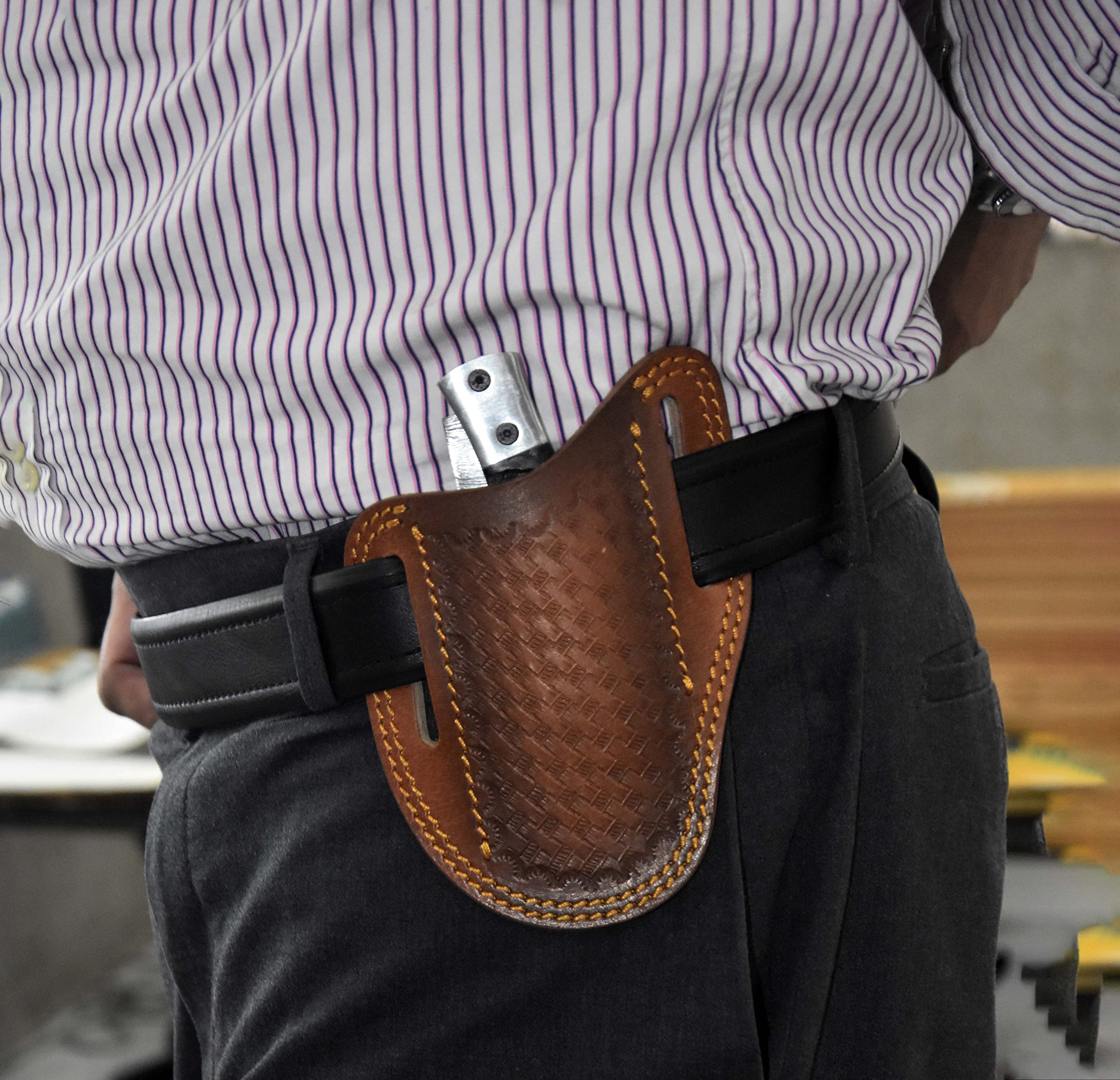 Custom Leather Sheath for Trapper & Hunting Knives - 100% Real Leather Slanted Pancake Design with Tan Both Side Carry | Durable Cover for Hercules Knives | Perfect for Outdoor Adventures, Camping & Bushcraft