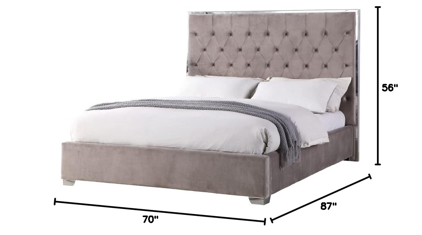 Natasha Velvet Platform Bed Queen Size - Light Grey Upholstered Bed Frame with Sturdy Wooden Slats | Perfect for Modern Bedrooms, Guest Rooms & Master Suites