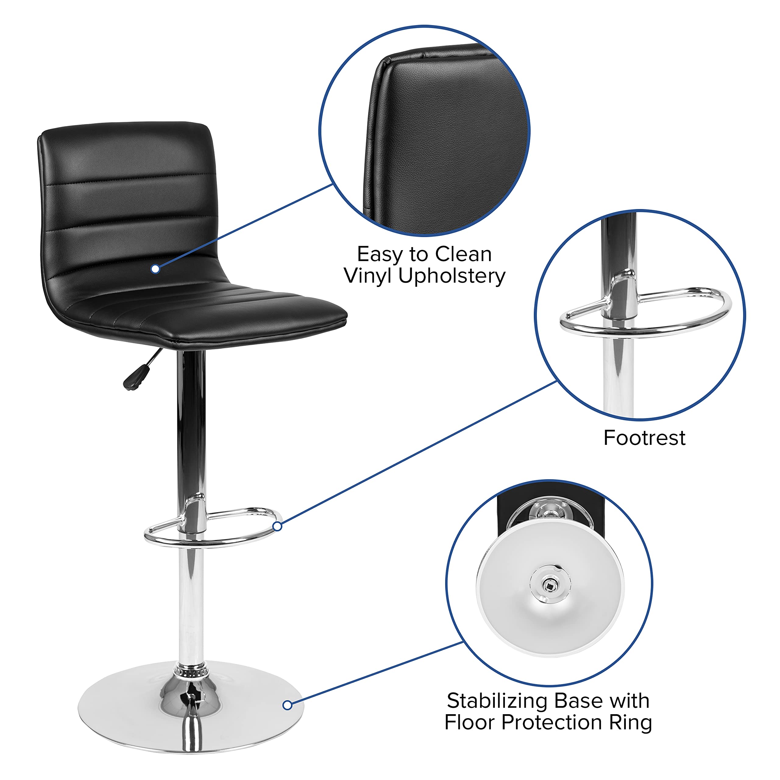 2 Pack Black Vinyl Adjustable Height Bar Stools with Horizontal Stitch Back - Modern Kitchen Counter Stools for Dining, Bar & Home Decor