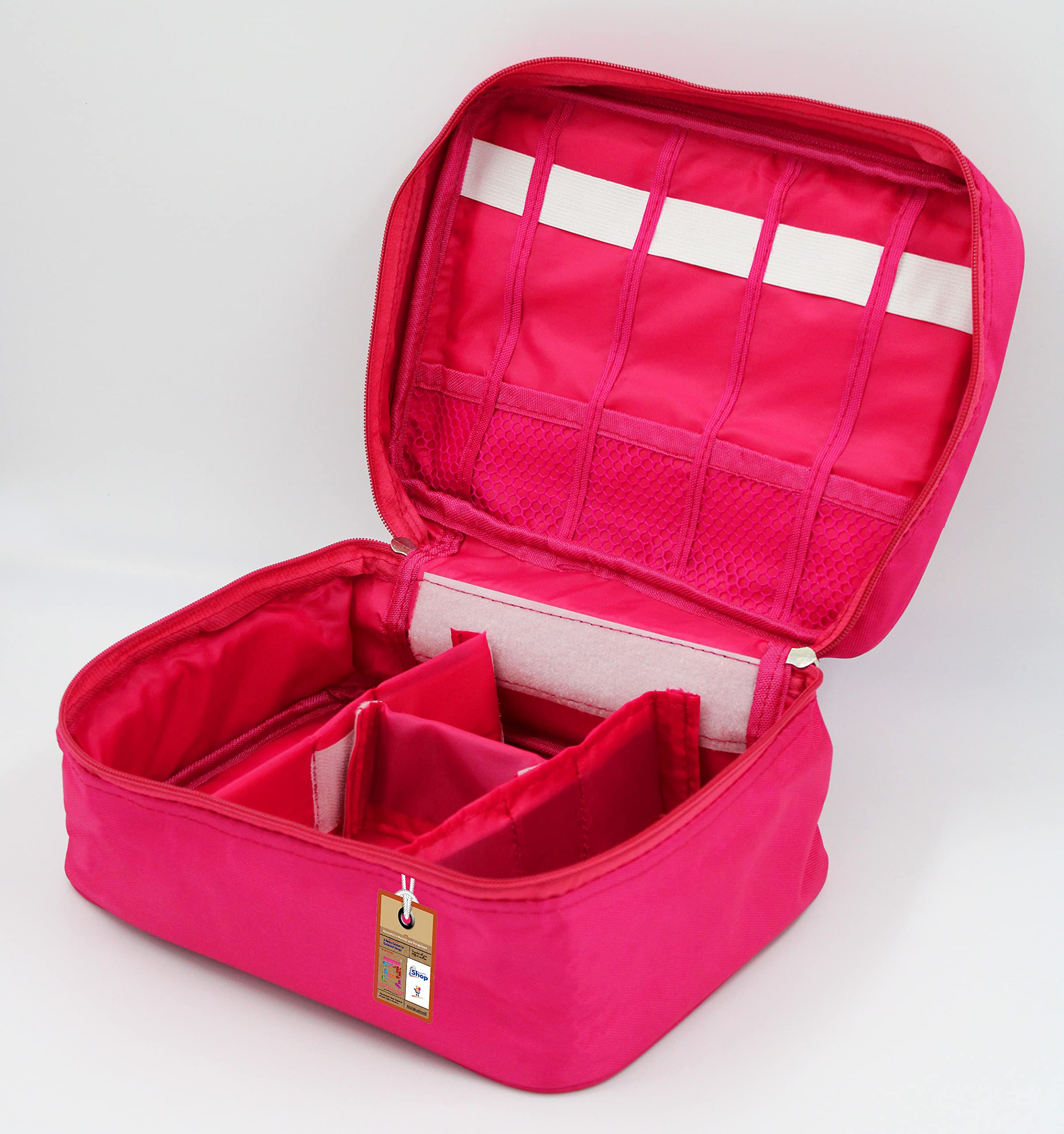 Waterproof Fabric Cosmetic Bag for Women - Adjustable Makeup Pouch & Jewelry Organizer, Travel Vanity Case with Multiple Compartments, Pink Grooming Storage Box for Home, Office and Vacation Use