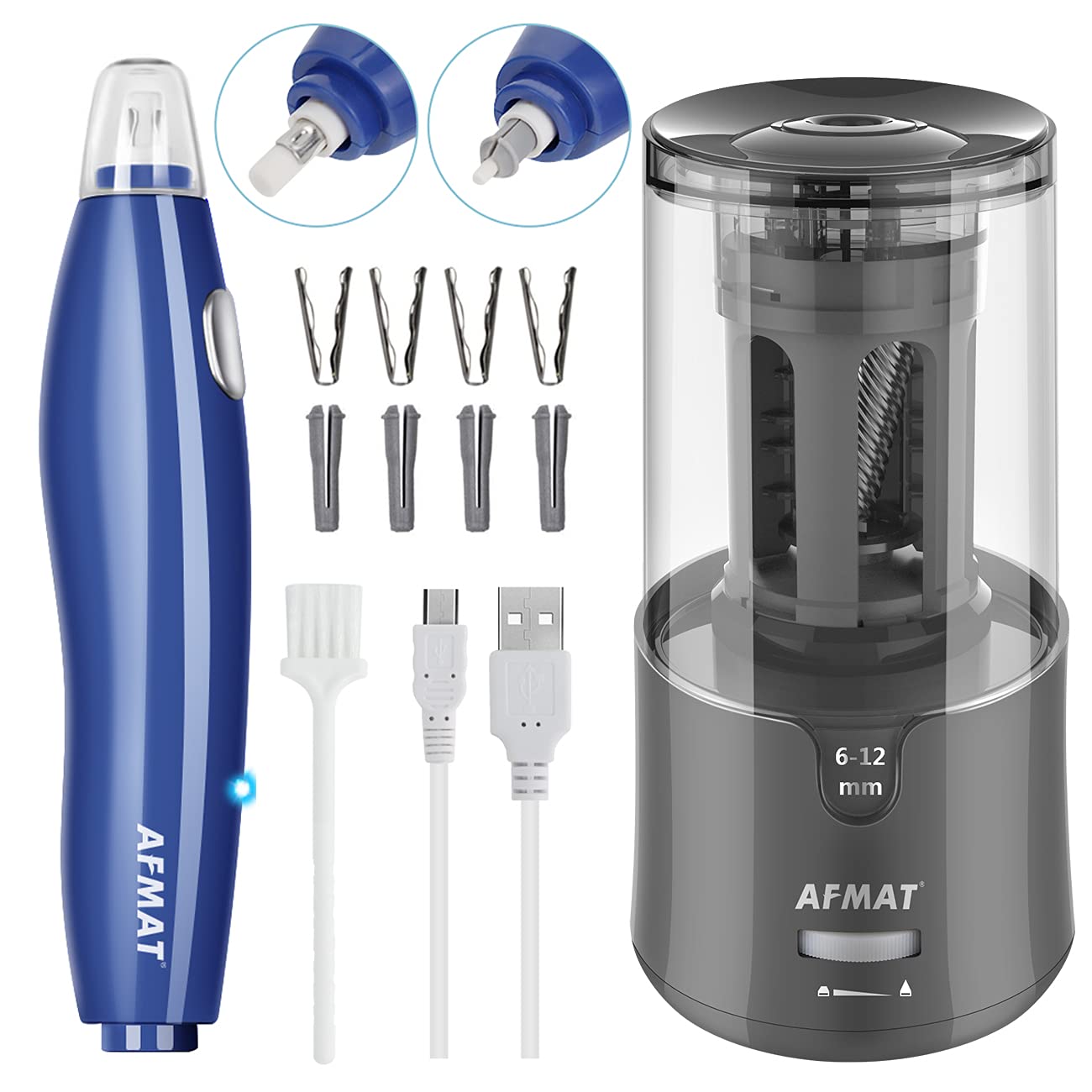 AFMAT Electric Pencil Sharpener & Eraser Kit - Auto Stop, Super Sharp & Fast, 140 Eraser Refills, Rechargeable for Colored Pencils, Drafting, Drawing, Crafts, Arts - Perfect for Artists, Students & Office Use