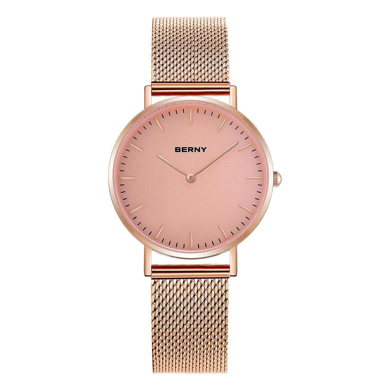 BERNY Women's Rose Gold Minimalist Quartz Watch - Ultra-Thin Two-Hand Design with Mesh Strap, Waterproof Fashion Wristwatch for Everyday Wear, Office & Special Occasions