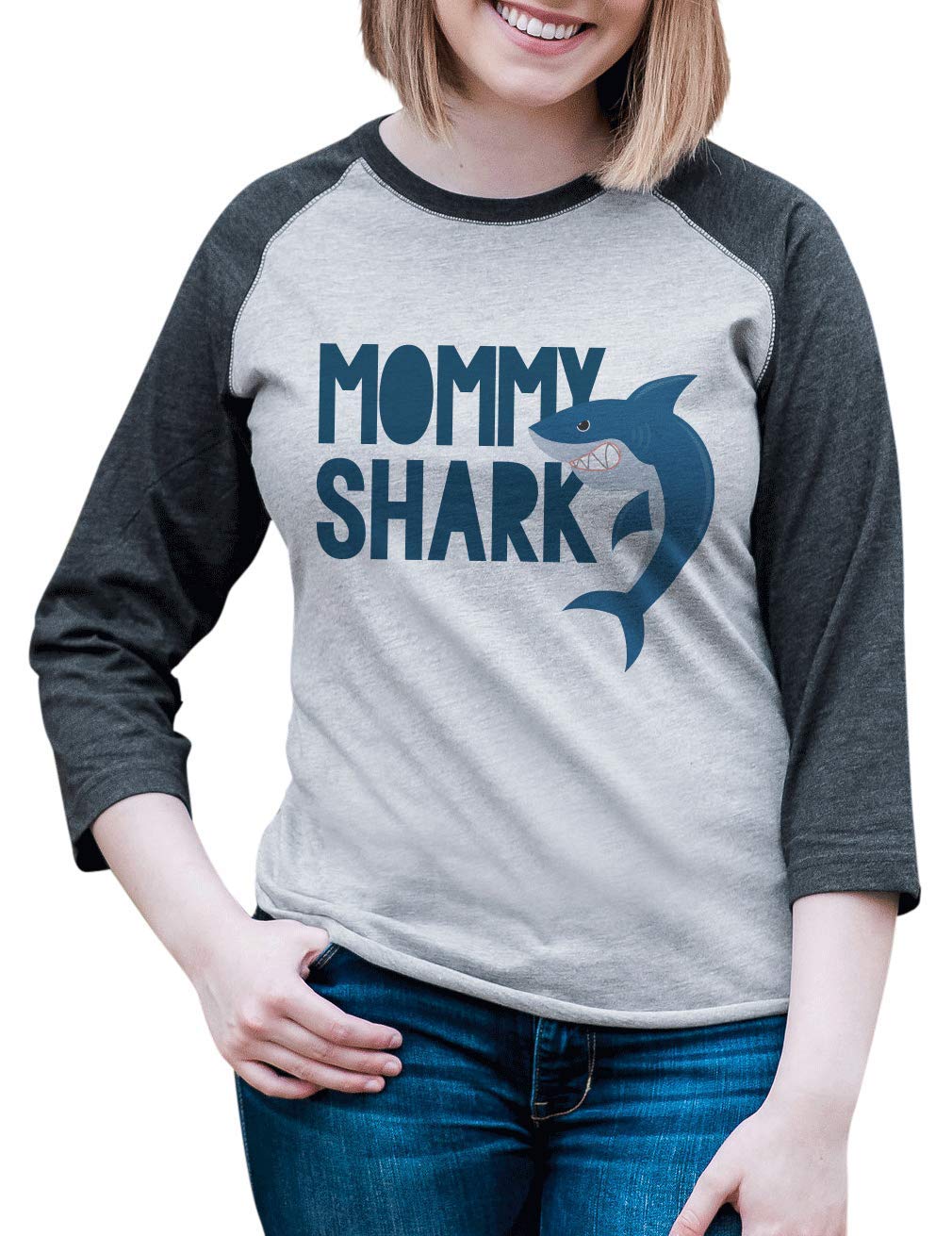 7 ate 9 Apparel Women's Mommy Shark Raglan Tee - Soft & Comfortable Short Sleeve Shirt for Moms - Perfect for Casual Wear, Mother's Day & Family Outings