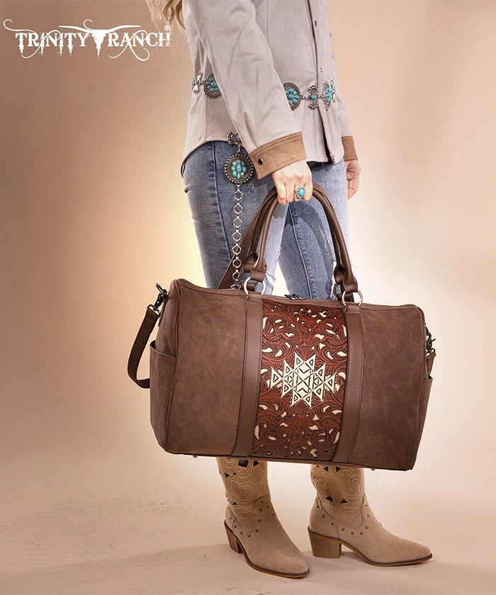 Trinity Ranch Aztec Tooled Leather Weekender Bag - Stylish Travel Duffel for Women & Men - Perfect for Weekend Getaways, Gym, Work & Overnight Trips