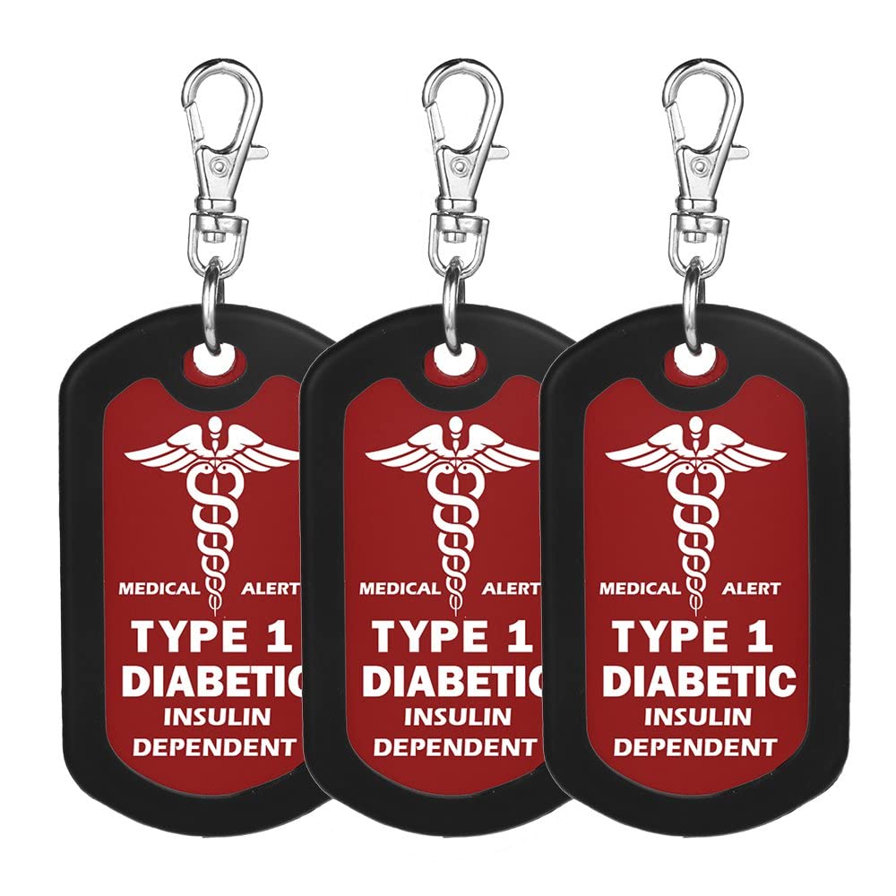 3-Pack Red Medical Alert Zipper Pull Tags for Type 1 Diabetes Insulin Dependence - Emergency ID Bag Tags for Diabetic Patients, Travel & Daily Use