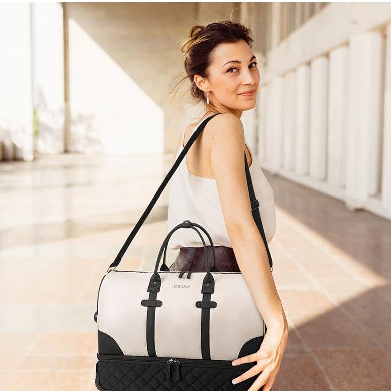 ETRONIK 21 Inch Rolling Duffle Bag with Wheels - TSA Approved Carry On Luggage for Women, Travel Duffel with Shoe Compartment & Toiletry Bag - Perfect for Air Travel, Weekend Getaways & Gym Use (Beige)