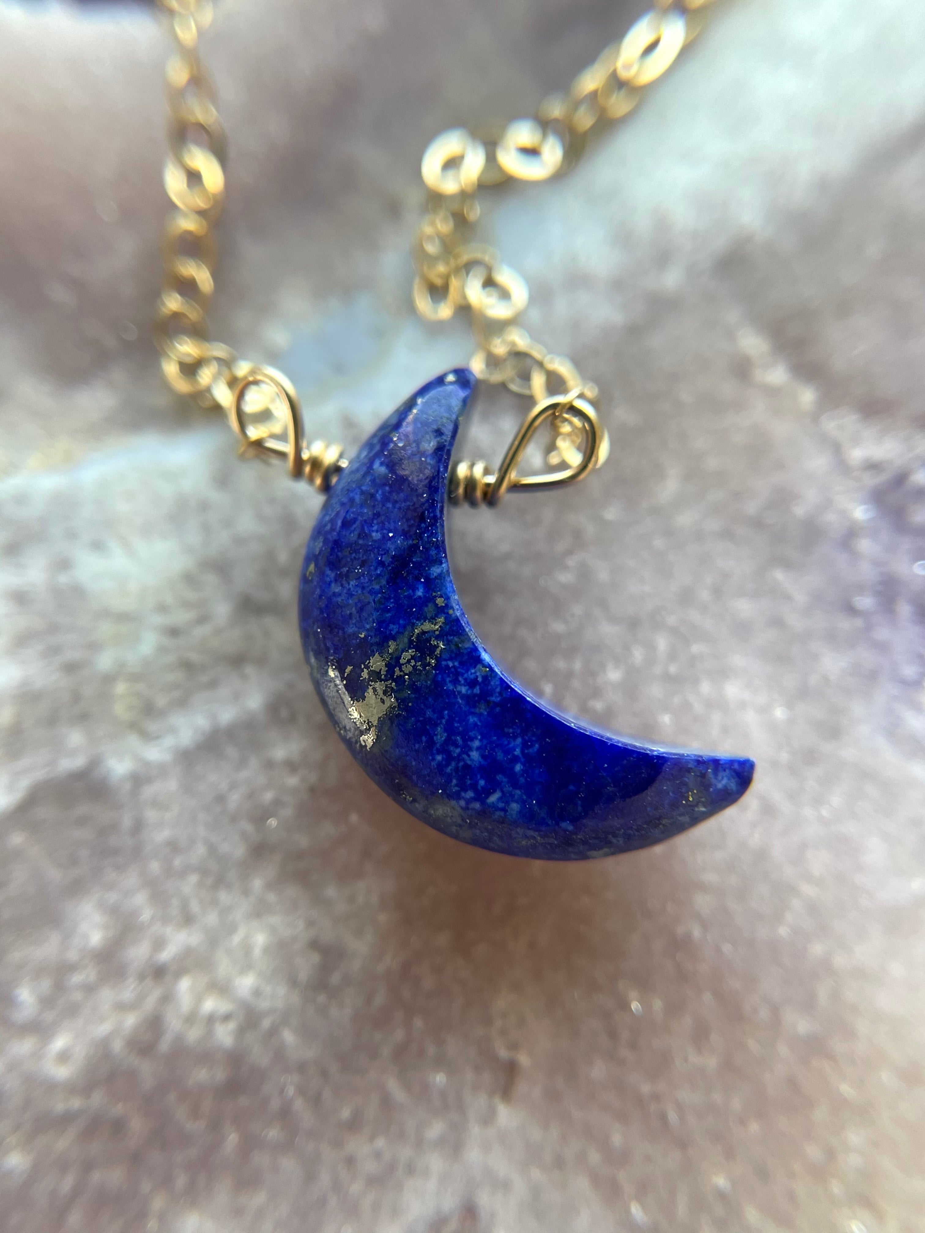 Blue Lapis Lazuli Crescent Moon Necklace - 14K Gold Plated Gemstone Jewelry for Women | Raw Stone Crystal Pendant for Spiritual Healing, Meditation & Boho Fashion