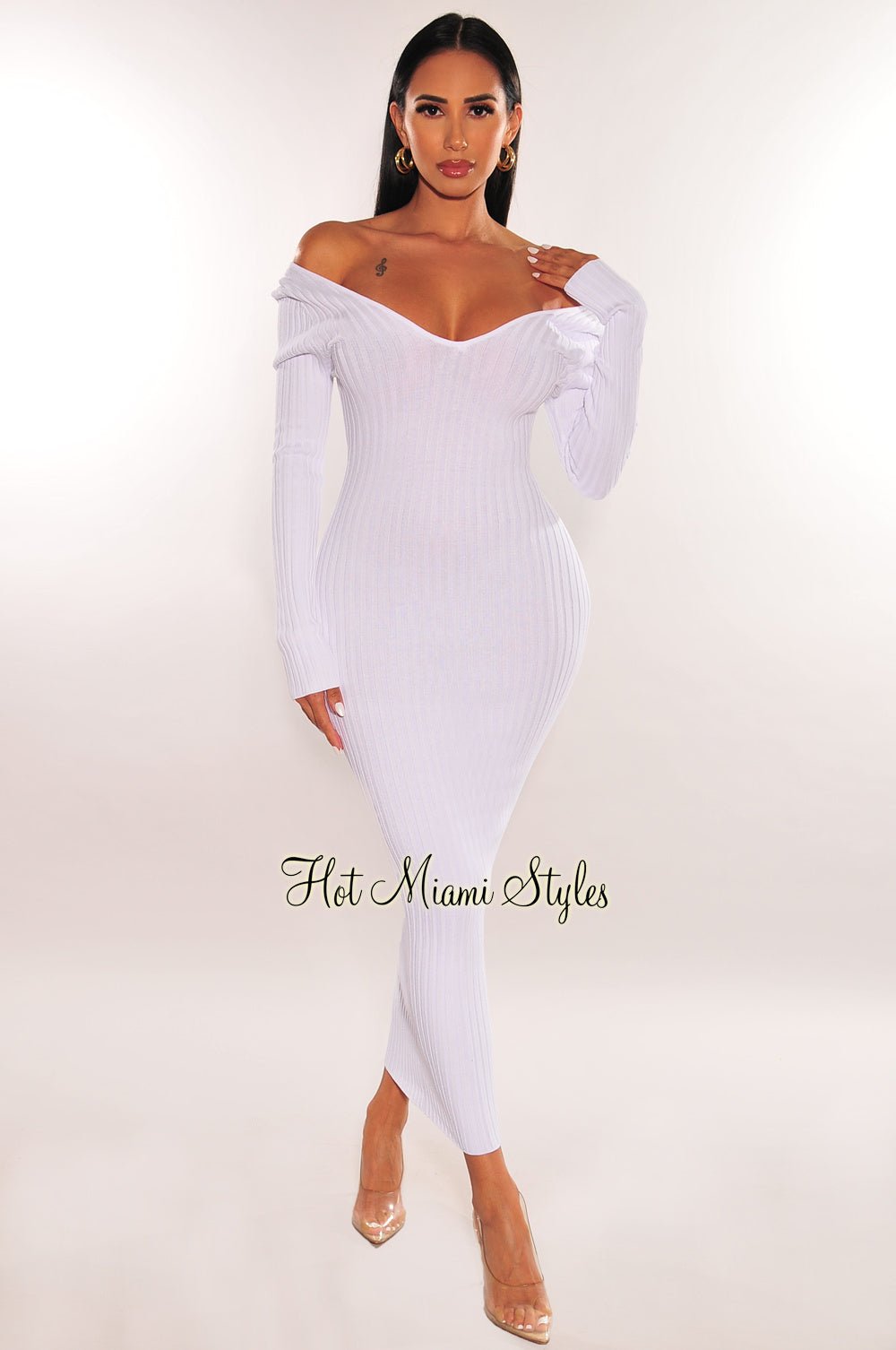 Elegant White Ribbed Knit Long Sleeve Dress for Women - Perfect for Casual Outings, Office Wear & Date Nights