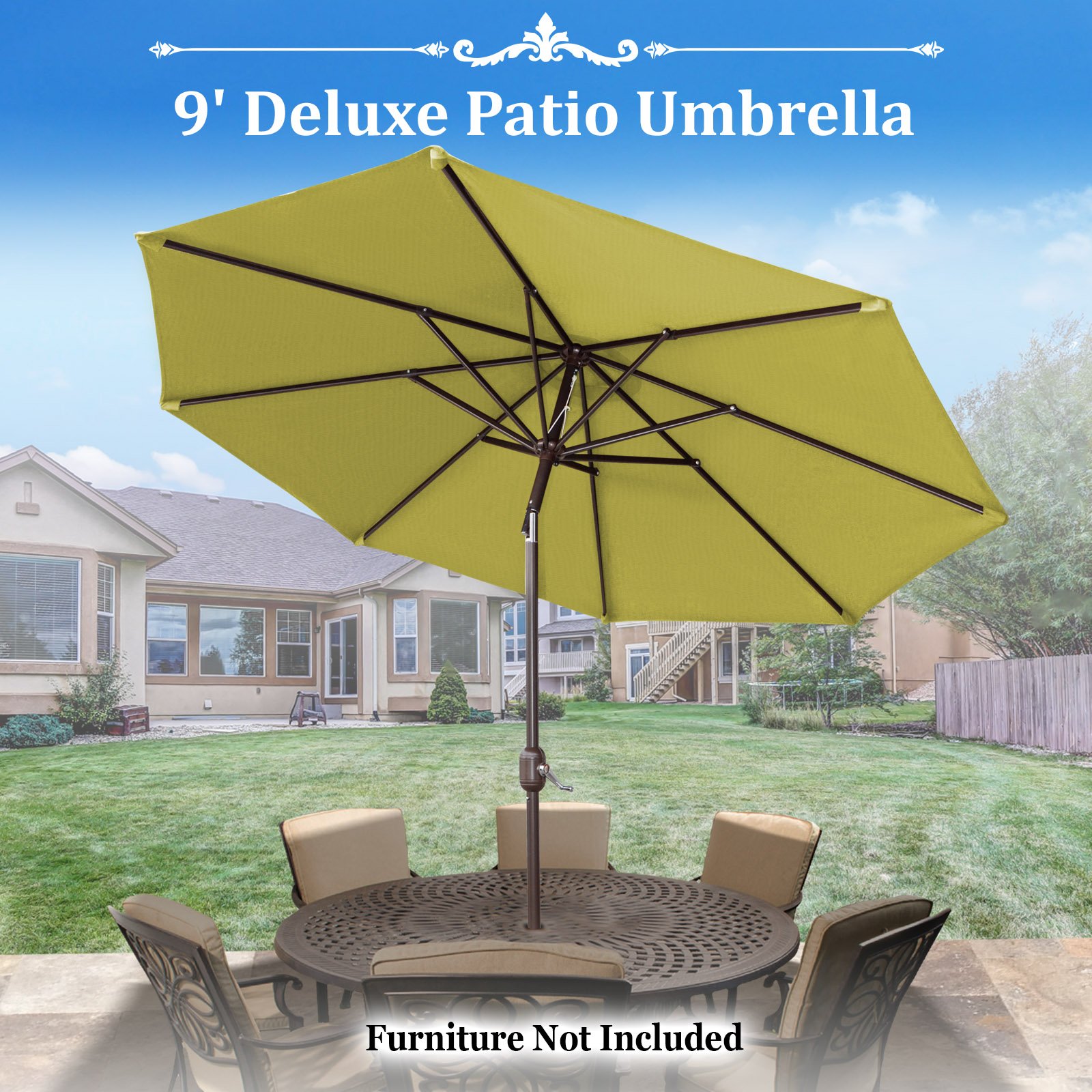 9 Ft Outdoor Patio Umbrella with Auto Tilt & Crank - Heavy Duty Aluminum Frame, 8 Ribs, Includes OLIFEN Cover (Green) - Perfect for Poolside, Backyard, and Outdoor Dining Areas