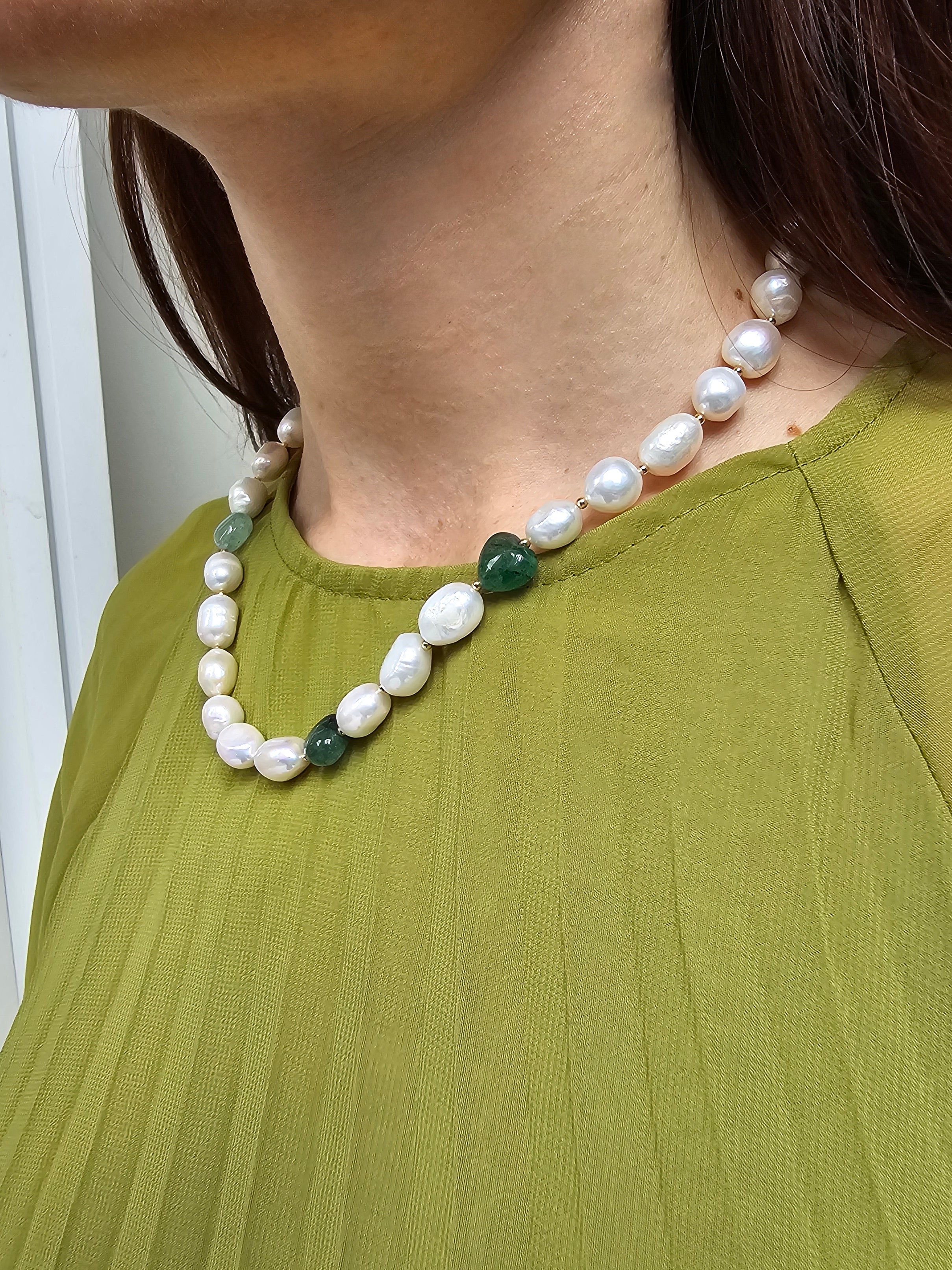 Handmade Irregular Freshwater Pearl Necklace with Heart-Shaped Green Aventurine | Unique Boho Jewelry for Women | Perfect for Weddings, Date Nights & Special Occasions