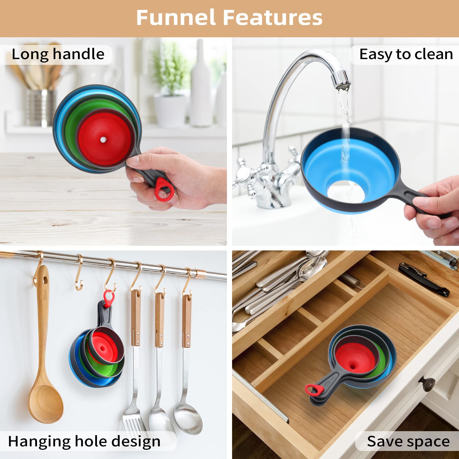 Dokpod 3-Piece Collapsible Kitchen Funnel Set - Wide Mouth Canning Funnel for Bottles, Small/Medium/Large Funnels for Solids, Powder & Liquids - Perfect for Home Canning, Baking & DIY Projects