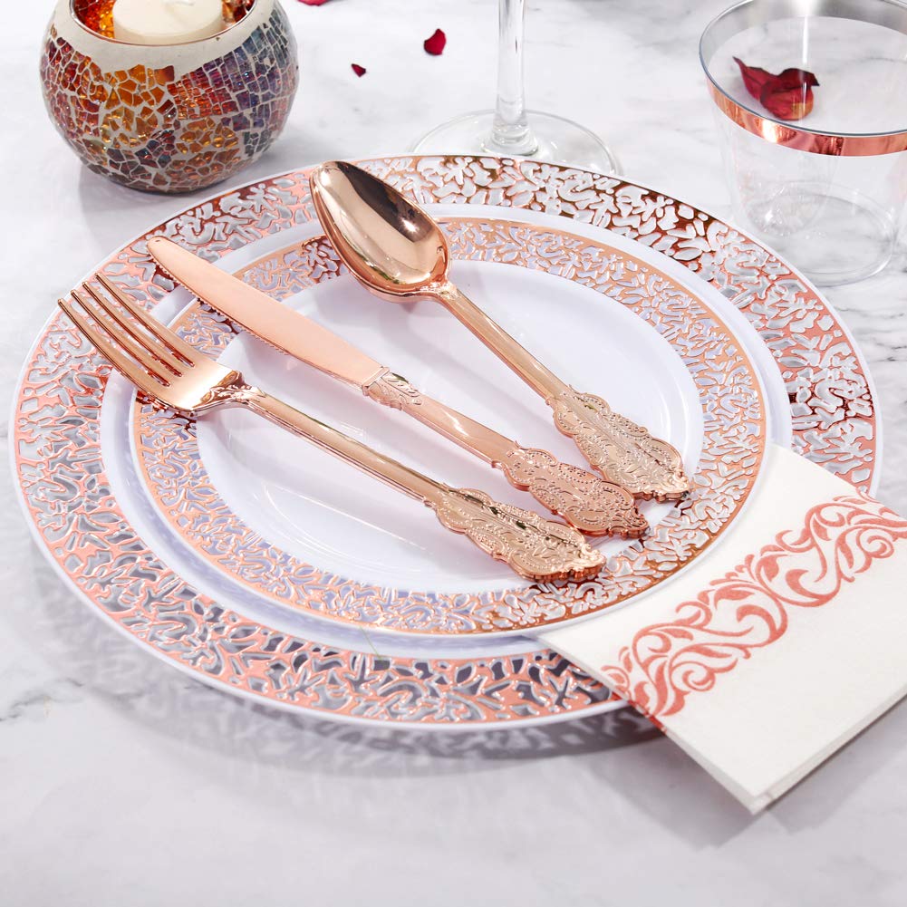 350-Piece Rose Gold Plastic Dinnerware Set with Disposable Silverware & Napkins - Elegant Lace Design Plates for Weddings, Parties, and Special Events - Perfect for Bridal Showers, Birthday Celebrations, and Outdoor Gatherings