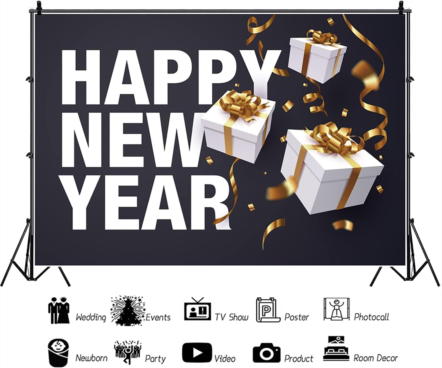 7x5ft Happy New Year Backdrop with White Gift Boxes & Golden Tassels - 2025 New Year's Eve Photography Background for Christmas Party Decor, Photo Booth Props | Perfect for Holiday Celebrations, NYE Parties & Social Media Photos